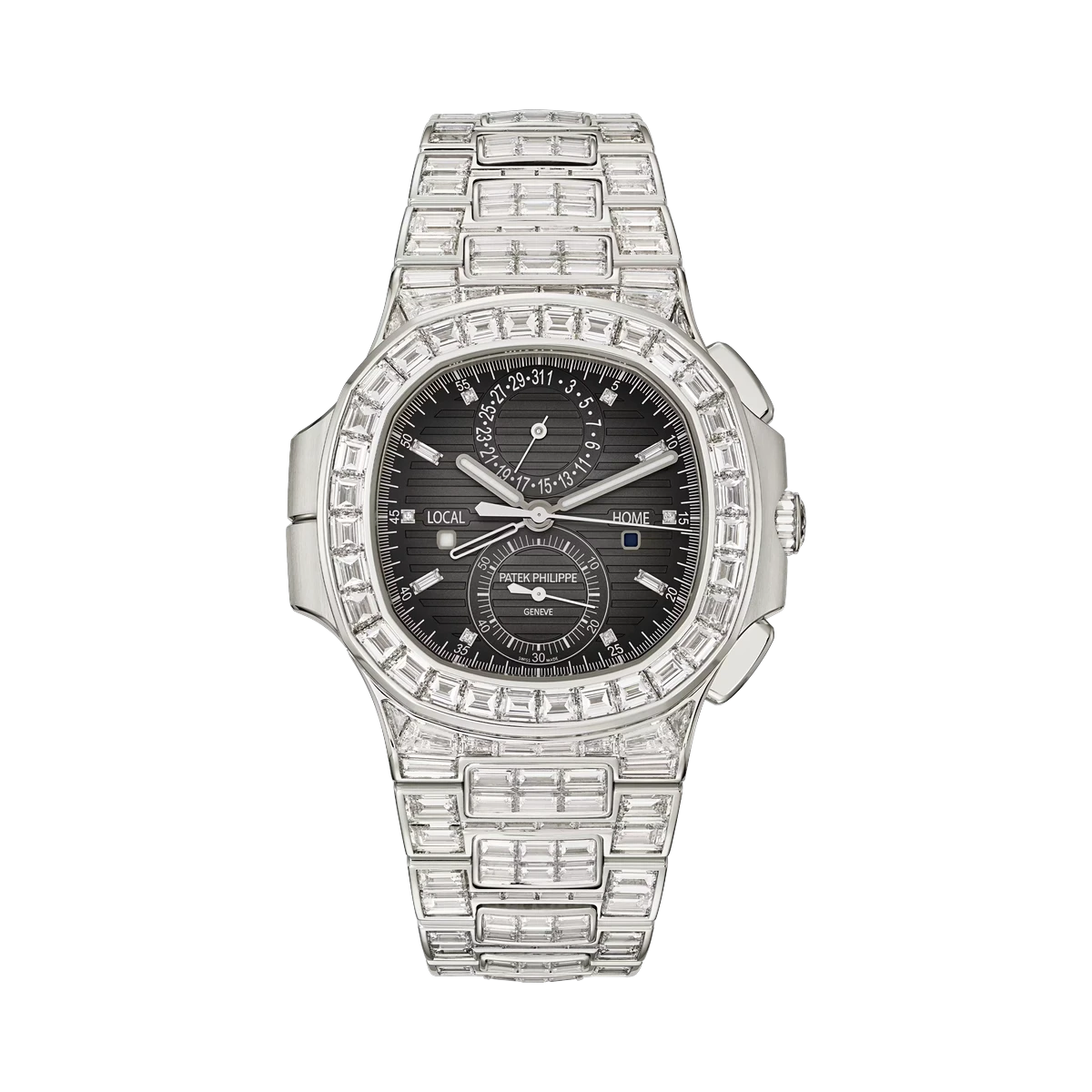 Patek Philippe Nautilus 5990/1400G-001 Travel Time Chronograph 40.5mm Black Gradated Dial 18K White Gold & Diamonds Men's Watch