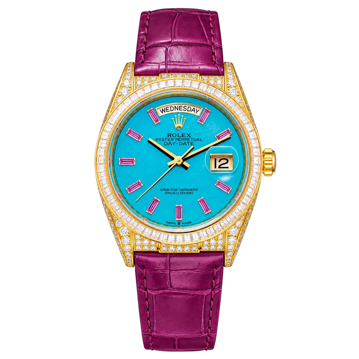 Rolex Day-Date 128458TBR 40MM Turquoise Dial Baguette Diamond Bezel 18K Yellow Gold