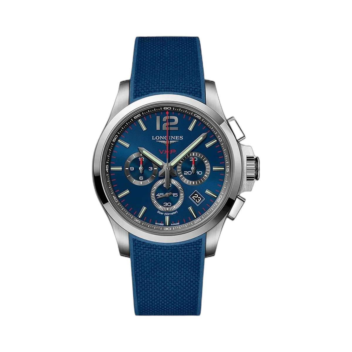 Longines Conquest VHP Chronograph L3.727.4.96.9 44MM SS Blue Rubber Strap