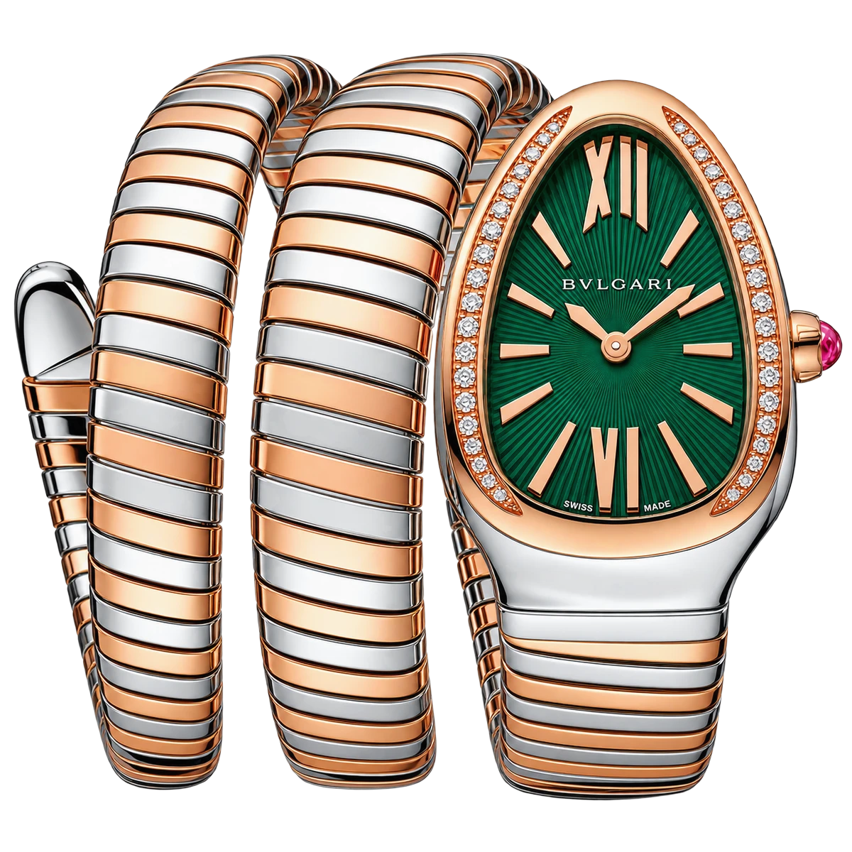 Bvlgari Serpenti Tubogas 102791 SP35C4SPGD.2T Green Dial 18Kt Rose Gold And Stainless Steel