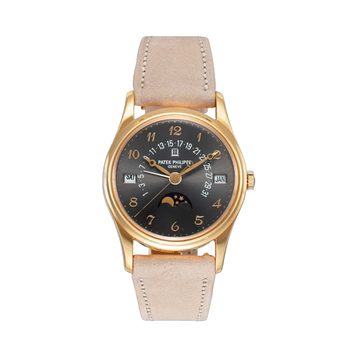 Patek Philippe Retrograde 5050J-023 Yellow Gold Perpetual Calendar Moon Phases 35mm Gray Sunburst Dial Ladies Watch