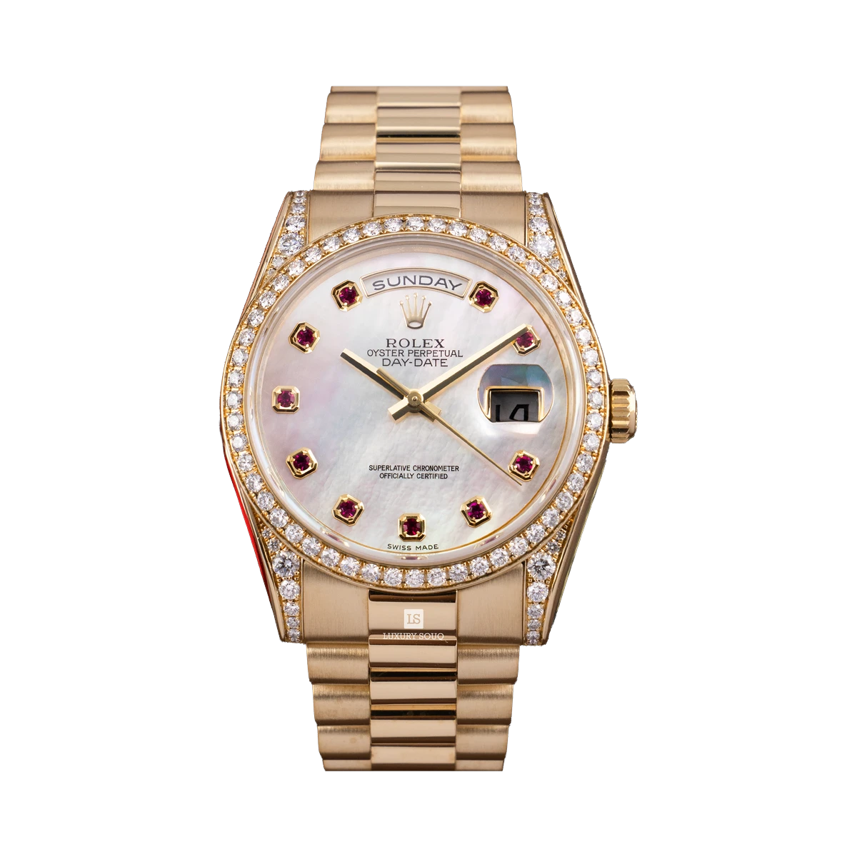 Rolex Day-Date 36 Yellow Gold Mother of Pearl Ruby Diamond 118388