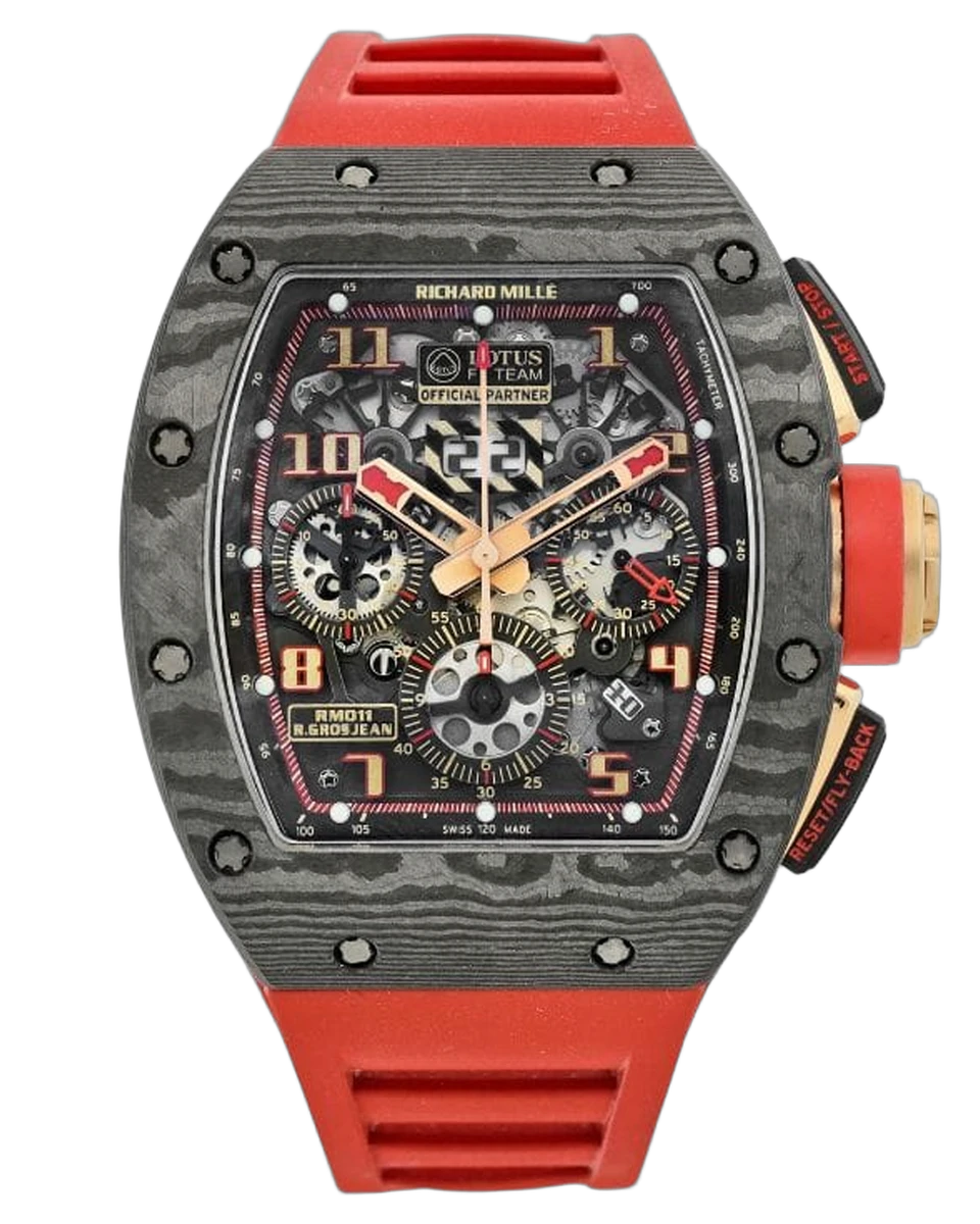 Richard Mille RM 011 AO RG-CA F1 Lotus Romain Grosjean 50 毫米 x 40 毫米 NTPT 碳红色橡胶表带男士手表