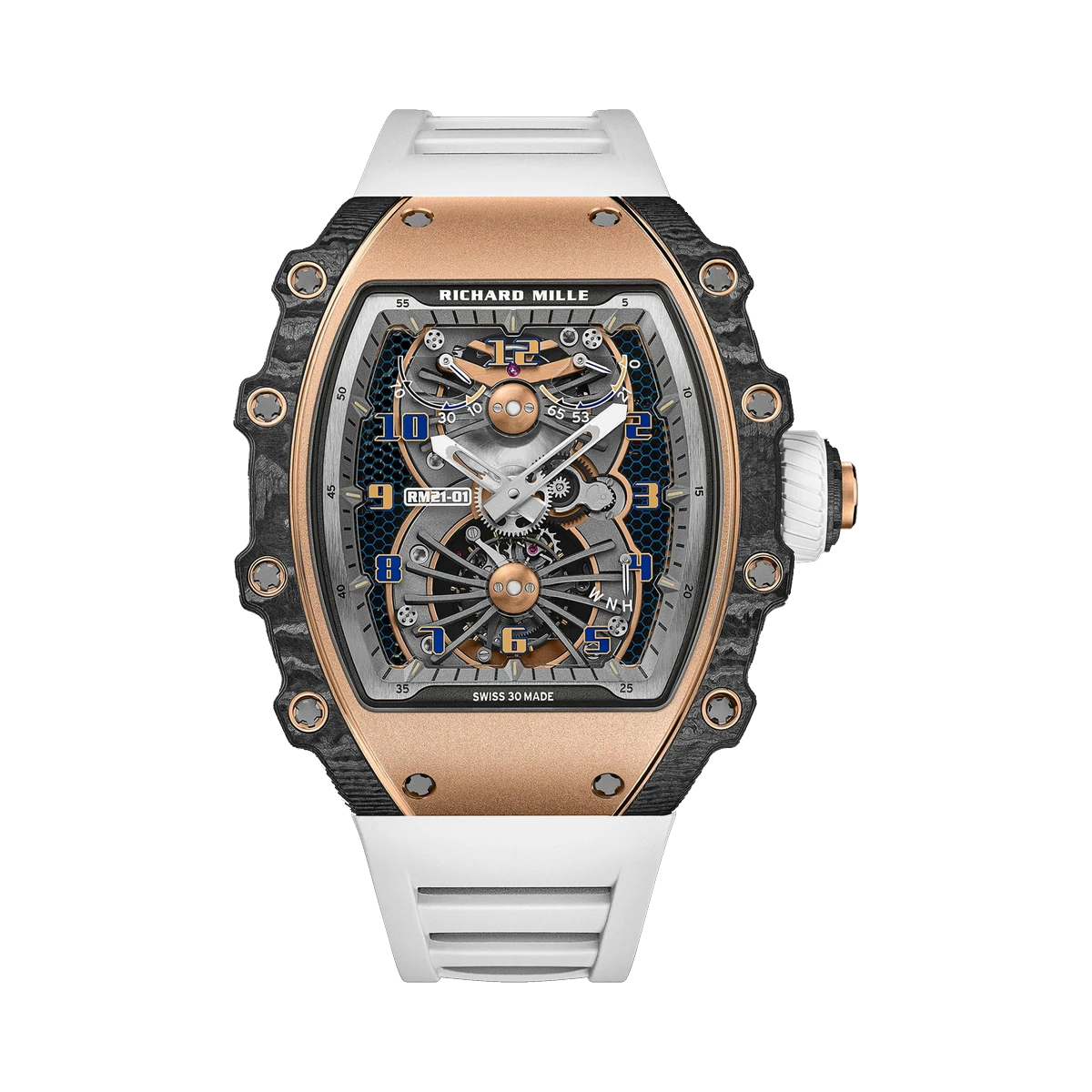 Richard Mille Rm 21-01 Tourbillon Aerodyne Rose Gold & Carbon Dial 42.68Mm X 50.12Mm White Rubber Straps Men's Watch