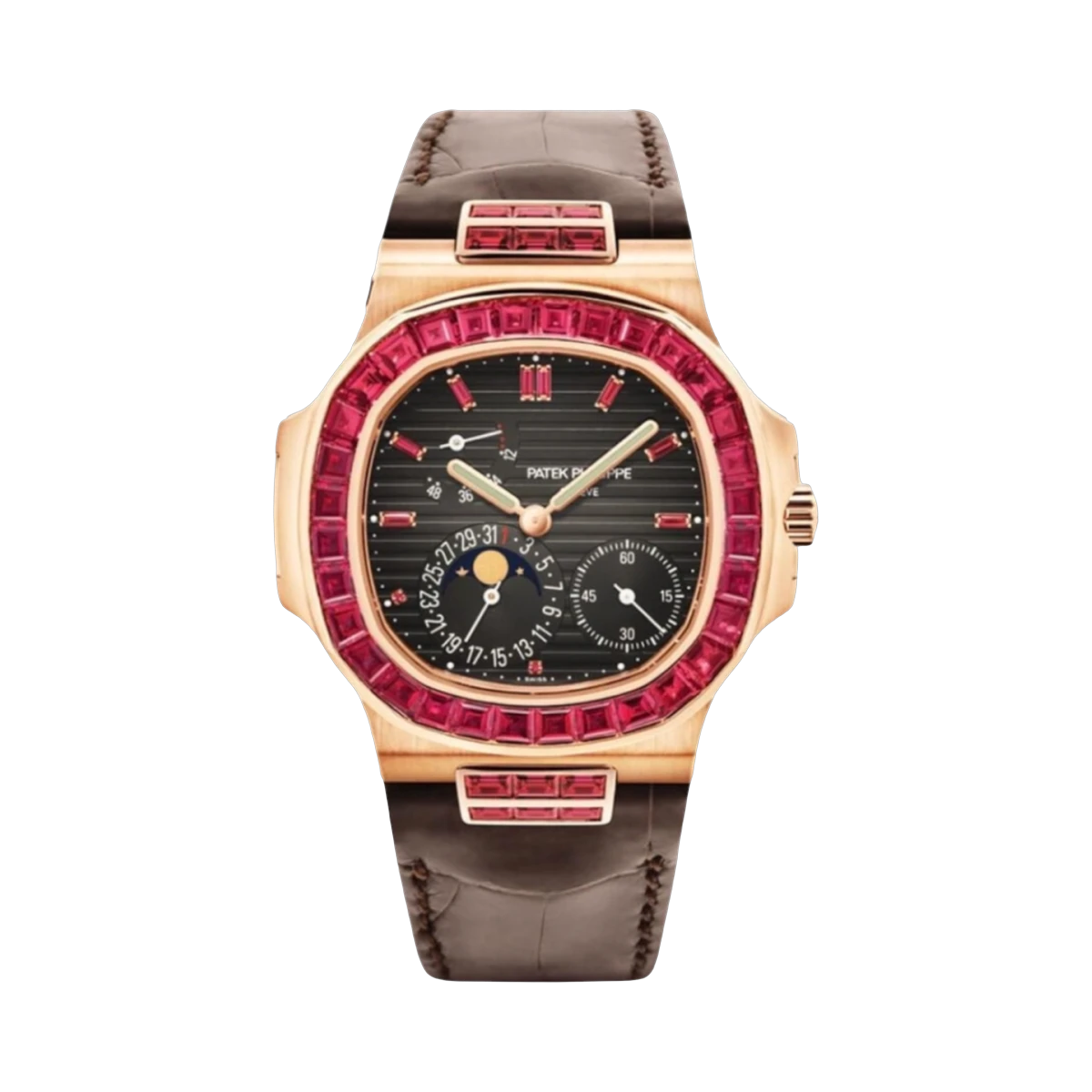 Patek Philippe Nautilus 5724/12R Moon-phases Rose Gold with Ruby Baguette Diamond Bezel 40.5mm Unisex Watch