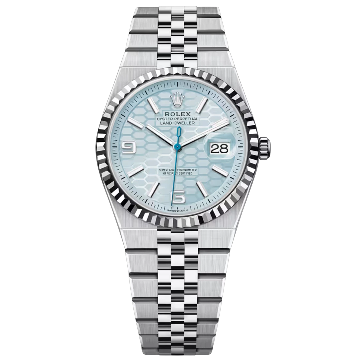 Rolex Land-Dweller 127236-0001 Platinum 36mm Ice-Blue Honeycomb Motif Dial Ladies Watch