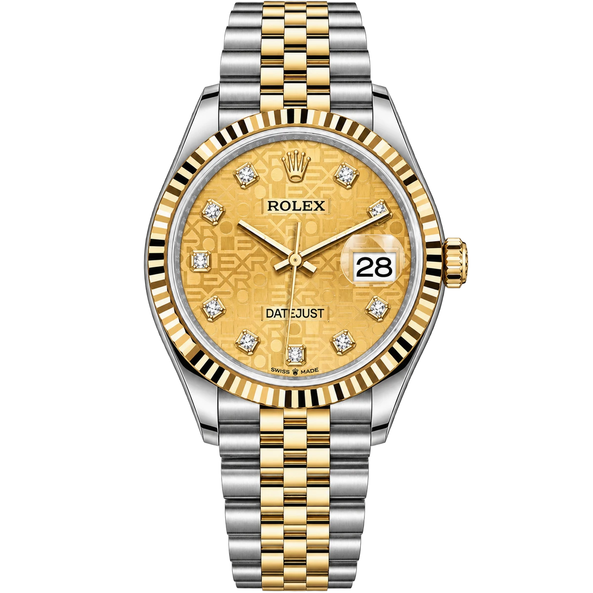 Rolex Datejust 126233 Chjdj Champagner Diamantzifferblatt Geriffelte Lünette 36 mm 18 Karat Gelbgold & Oystersteel Jubilee Armband Unisex Uhr