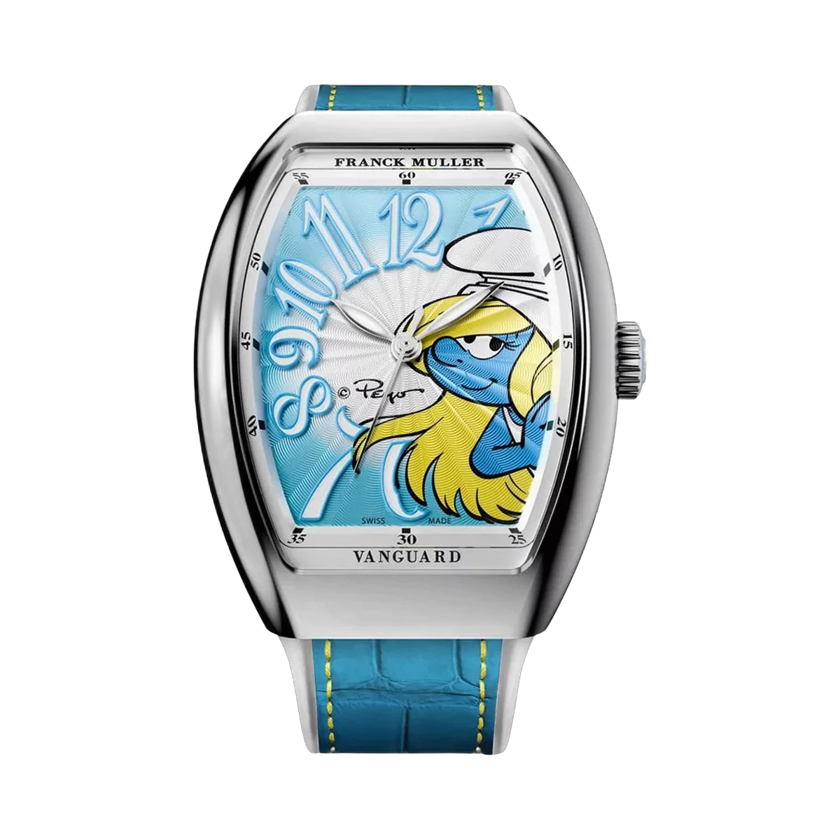 Franck Muller Vanguard V 32 SC AT FO AC BL Smurfette Limited Edition Edelstahl 32mm Künstlerisches Blau Zifferblatt Damenuhr