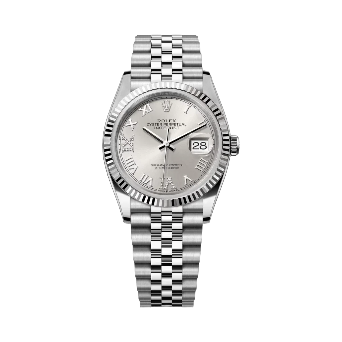 劳力士 Datejust 126234-0029 牡蛎钢和白金 36 毫米银色表盘女士手表