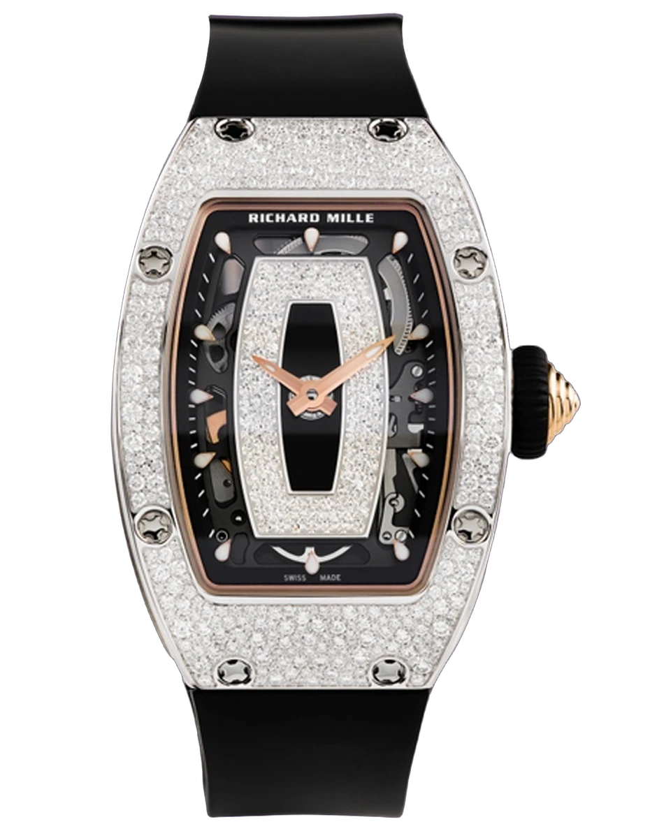 Richard Mille RM 037 WG Onyx And Diamond Dial 34.40mm 18K White Gold Black Rubber Straps Ladies Watch