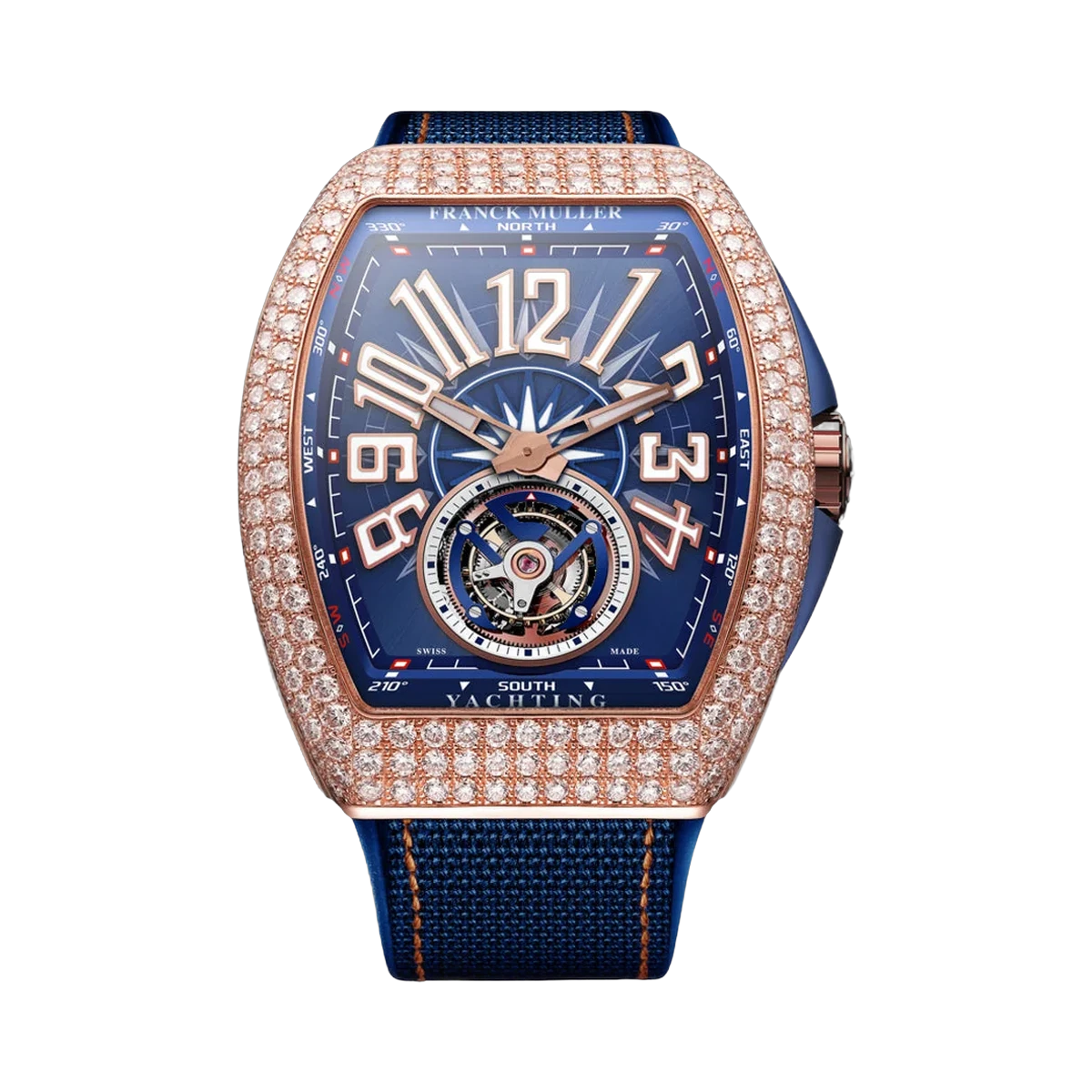 Franck Muller Vanguard Yachting V 45 T YACHT D 5N BL 5N Tourbillon Roségold 45mm Diamanten Lünette Blaues Zifferblatt Herrenuhr