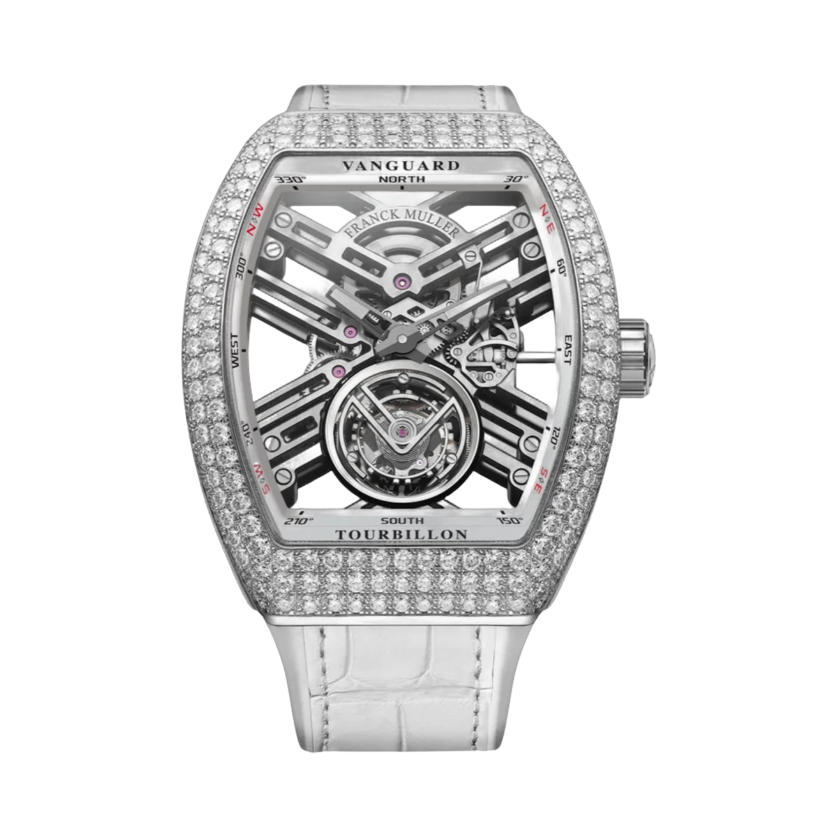 Franck Muller Vanguard V 45 T SQT D OG BC WG Tourbillon Herrenuhr aus Weißgold mit Diamantlünette, 45 mm, Skelettzifferblatt