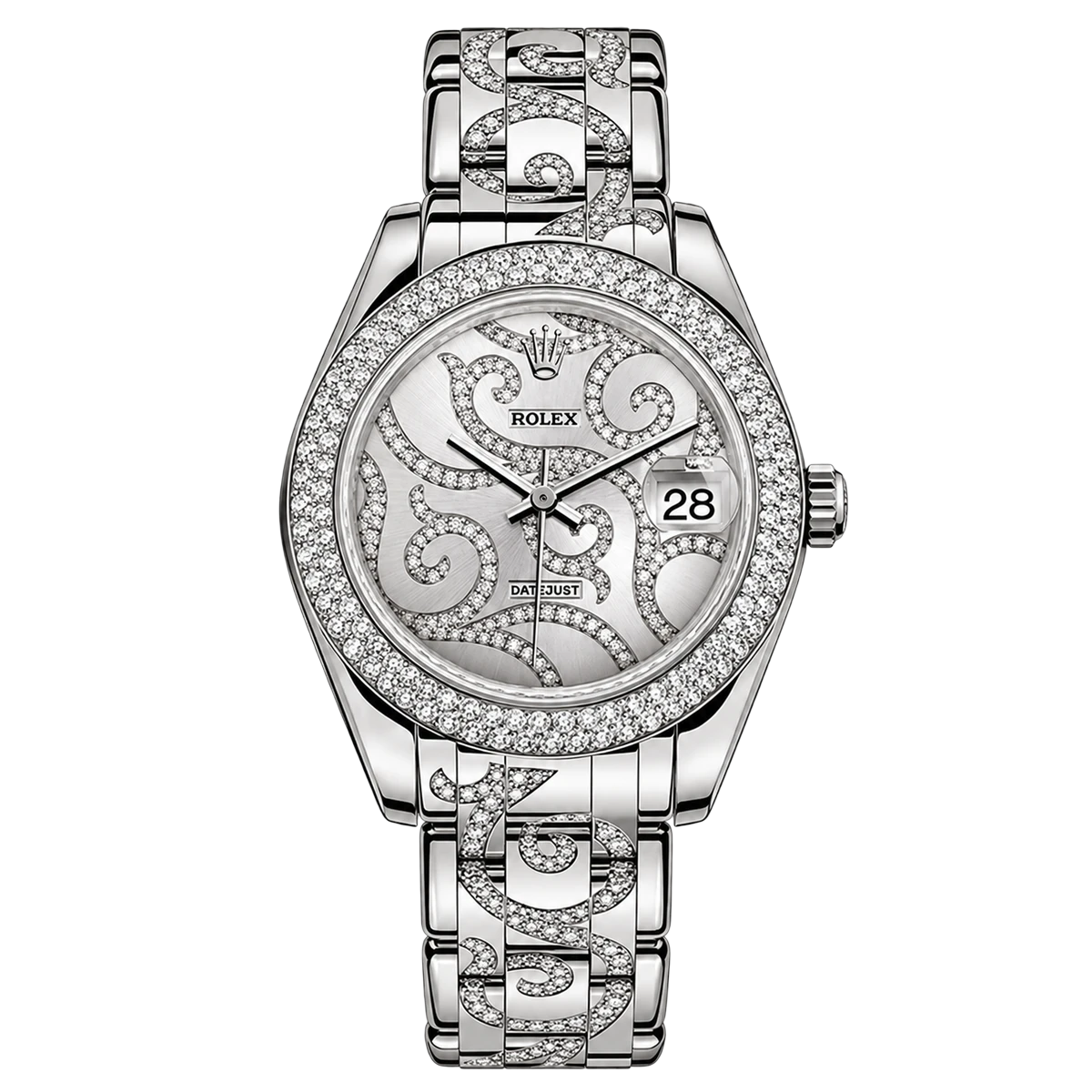 Rolex Pearlmaster Midsize 81299 Weißgold Diamant-Pave-Flamme Uhr