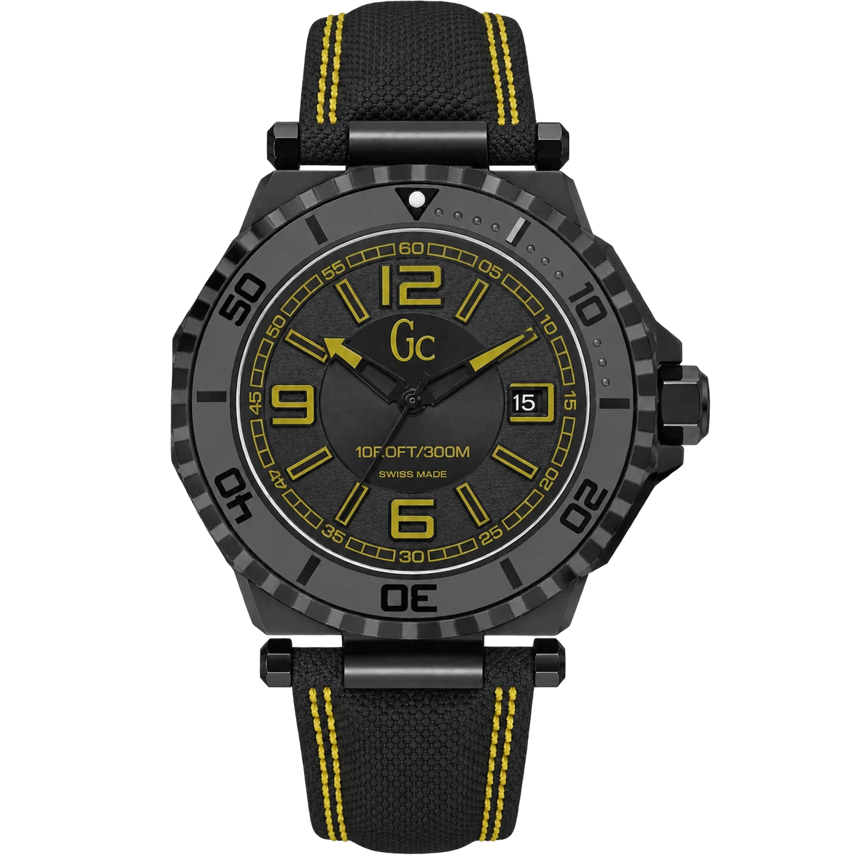 GC Guess Collection GC-3 X79014G2S Black Dial Yellow Accents Quartz 44mm Stainless Steel