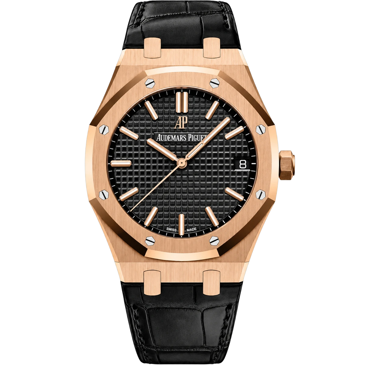 Audemars Piguet Royal Oak 15500OR.OO.D002CR.01 Schwarzes Zifferblatt 41mm 18kt Roségold Schwarzes Lederarmband Herrenuhr