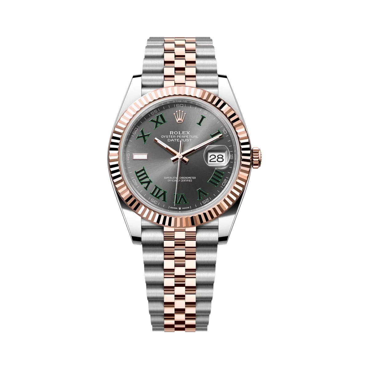 劳力士 Datejust m126331-0016 蚝式恒动温布尔登永恒玫瑰金绿色罗马数字 41 毫米石板灰色表盘男式手表