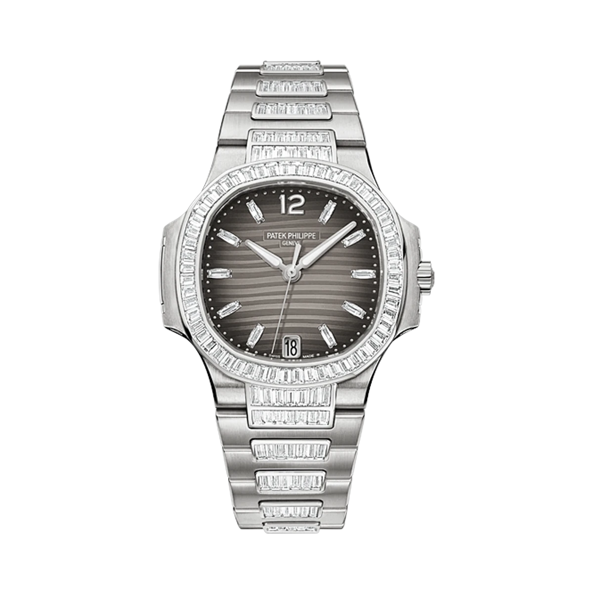 Patek Philippe Nautilus 7014/1G-001 Haute Joaillerie White Gold Baguette-cut Diamonds Bezel 33.5mm Gray Dial Ladies Watch