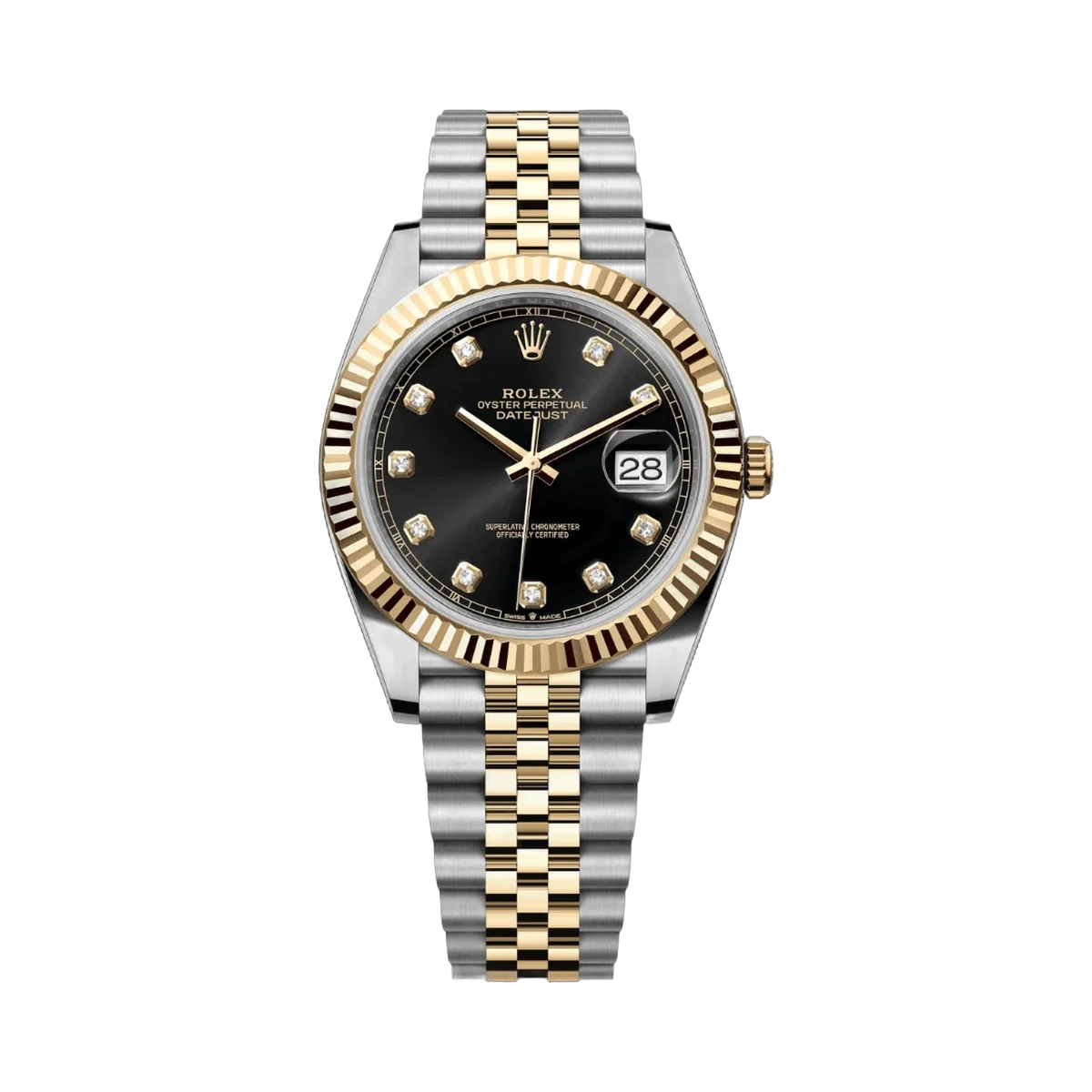Rolex Datejust 126333-0006 Oystersteel 18Kt Yellow Gold Fluted Bezel 41mm Black Diamond Dial Men's Watch