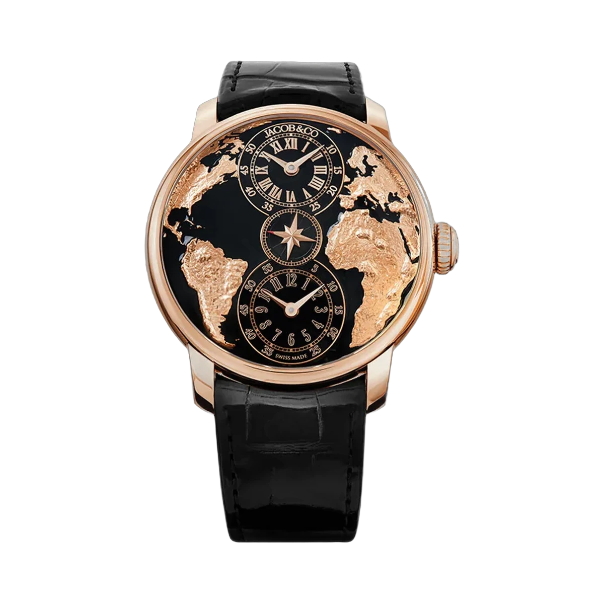 Jacob & Co. The World Is Yours Dual Time Zone DT100.40.AA.AB.A Rose Gold 43mm Black Dial Men's Watch