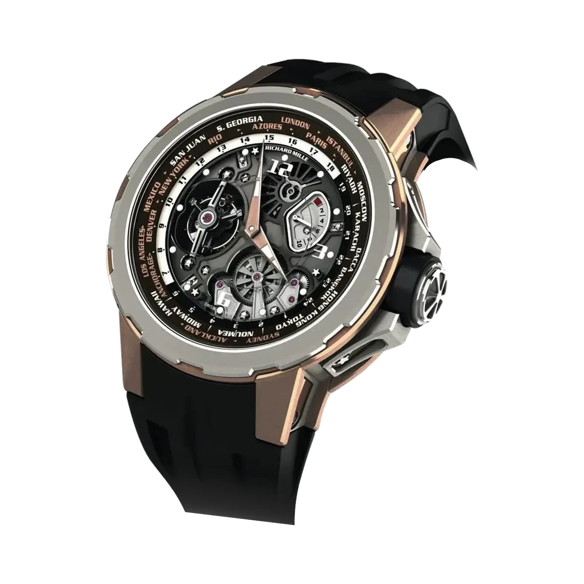 Richard Mille Rm 58-01 Manual Winding Tourbillon Worldtimer Jean Todt 50Mm Rose Gold Black Rubber Straps Men's Watch