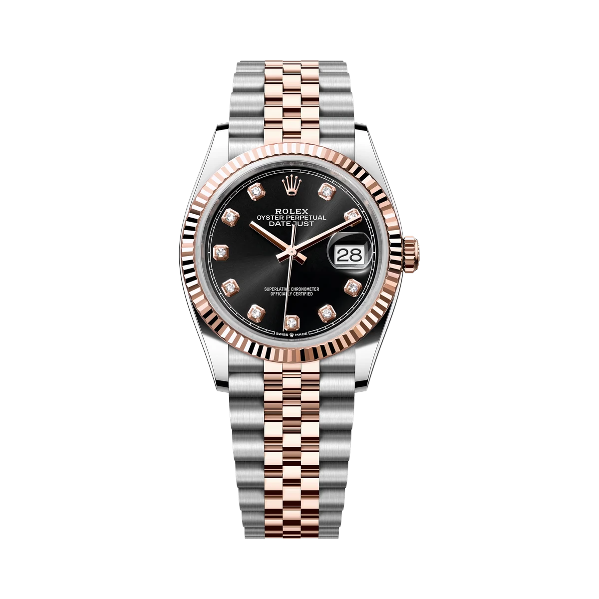 Rolex Datejust 126231 Bkdj Black Diamond Dial Rose Gold Fluted Bezel 36Mm 18K Everose Gold And Oystersteel Unisex Watch