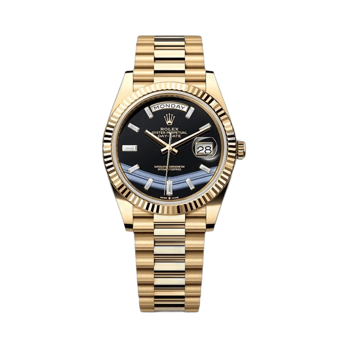 Rolex Day-Date 228238-0059 Yellow Gold 40mm Onyx Baguette Black Dial Men's Watch