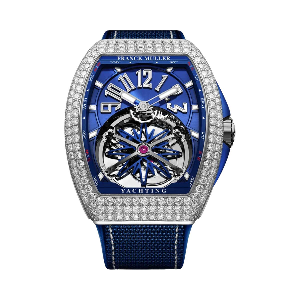 Franck Muller Vanguard Gravity V 45 T GR CS D WG BL WG YACHT Herrenuhr aus Edelstahl mit Diamantbesetzter Lünette, 45mm, blaues Zifferblatt