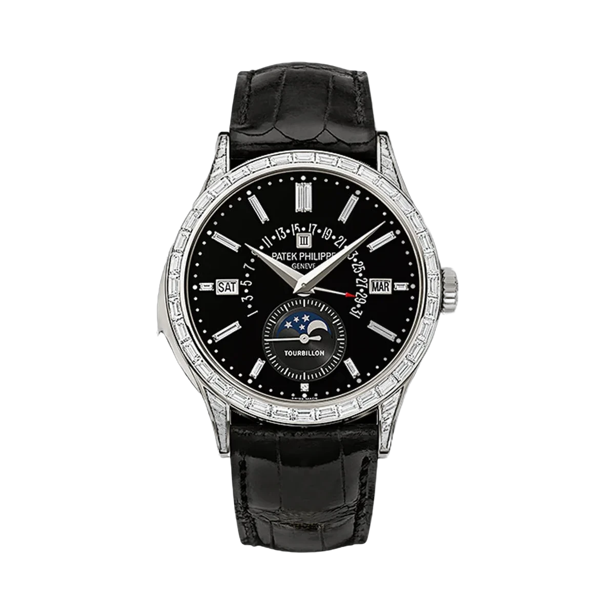 Patek Philippe Grand Complications 5217P-001 Perpetual Calendar Moon Phase Platinum Baguette Diamond Bezel Black Dial 39.5mm Men's Watch