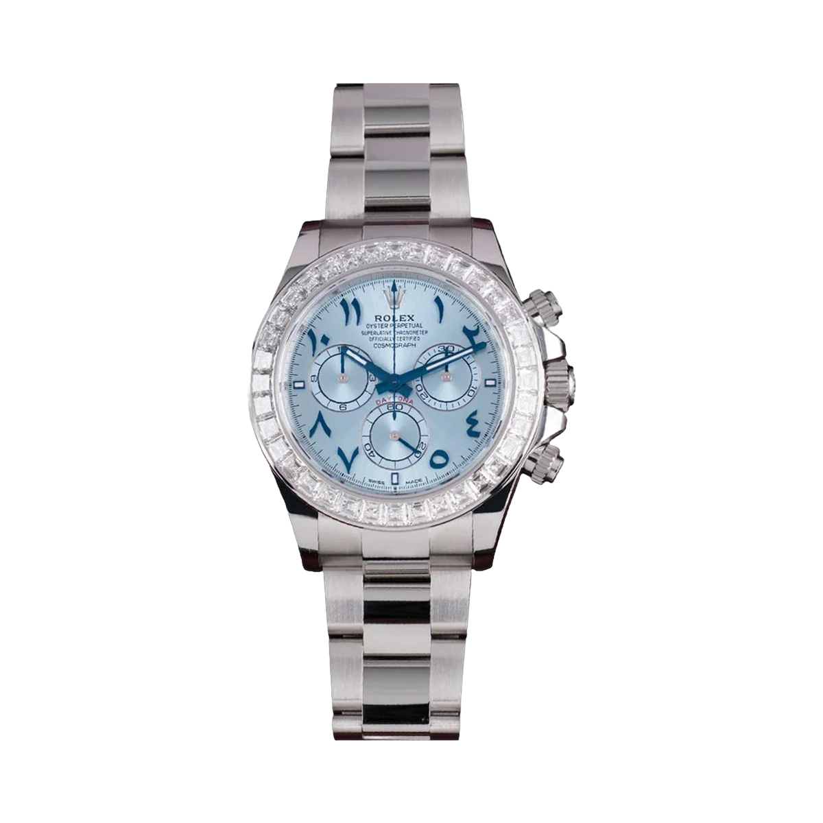 Rolex Cosmograph Daytona 126576TBR Platinum Baguette Bezel 40mm Blue Arabic Dial Men's Watch