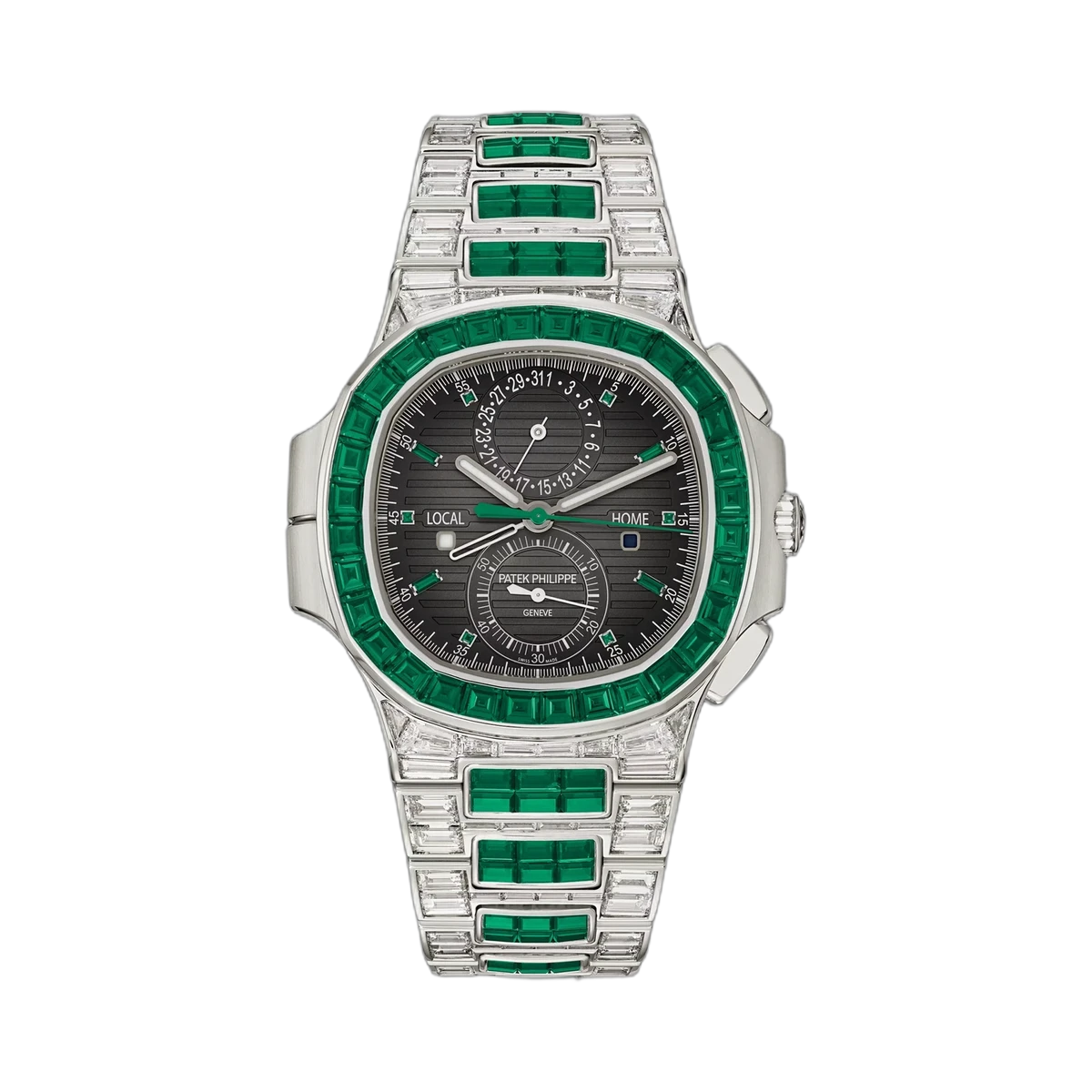 Patek Philippe Nautilus 5990/1423G-001 Travel Time Green Diamond Baguettes Black Dial Mens Watch