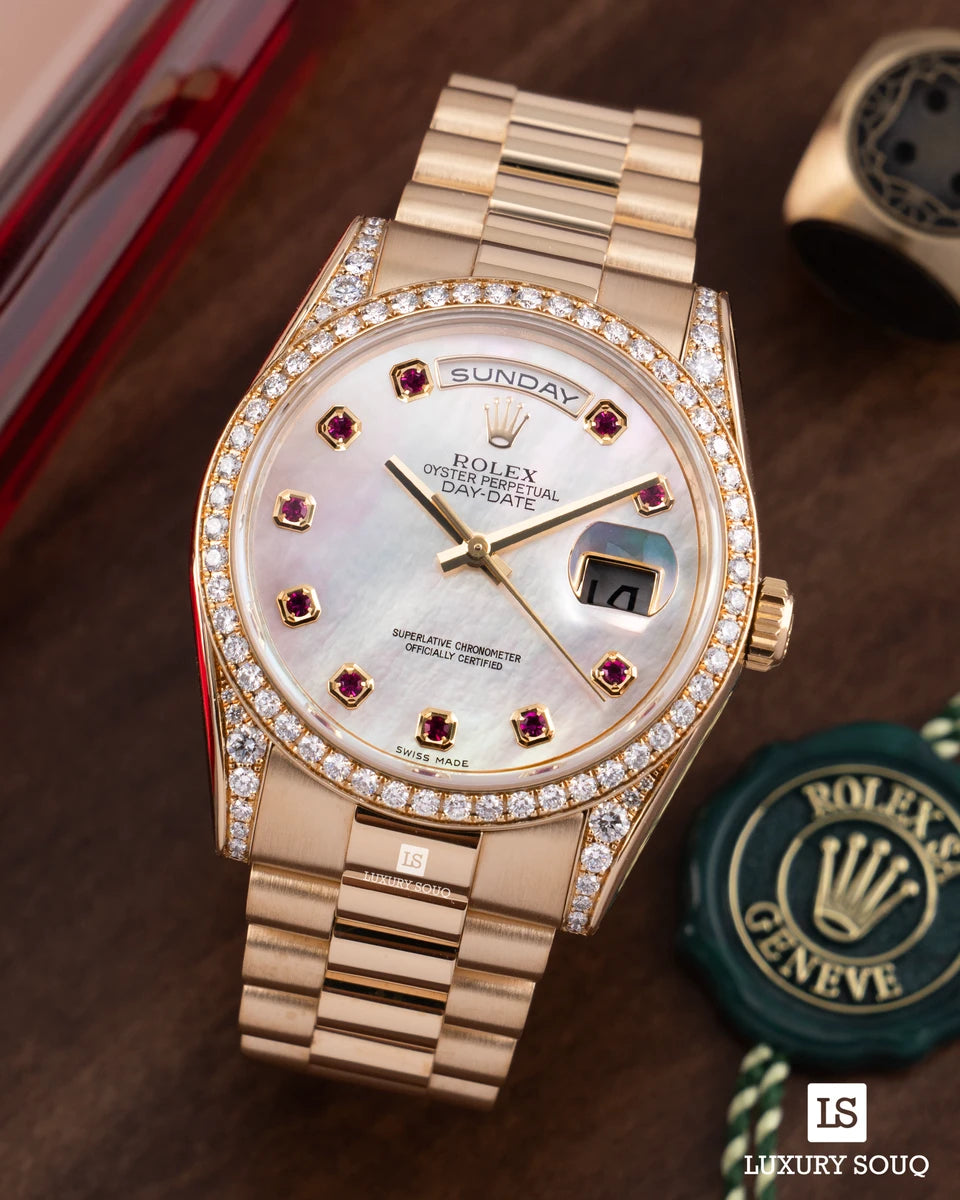 Rolex Day-Date 36 Yellow Gold Mother of Pearl Ruby Diamond 118388