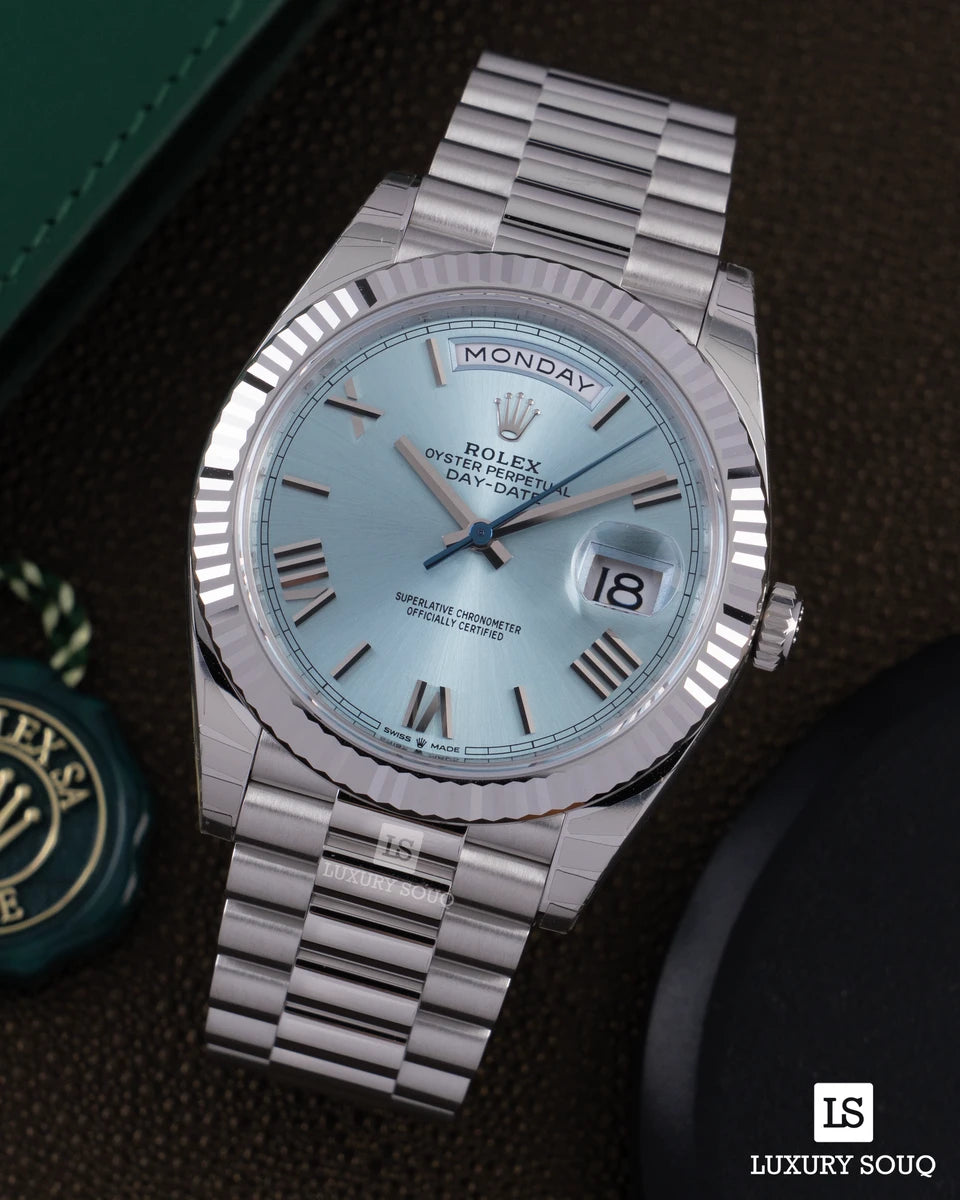 Rolex Day-Date 228236 IBRP Platinum Fluted Bezel 40mm Ice Blue Roman Dial President Bracelet Men's Watch
