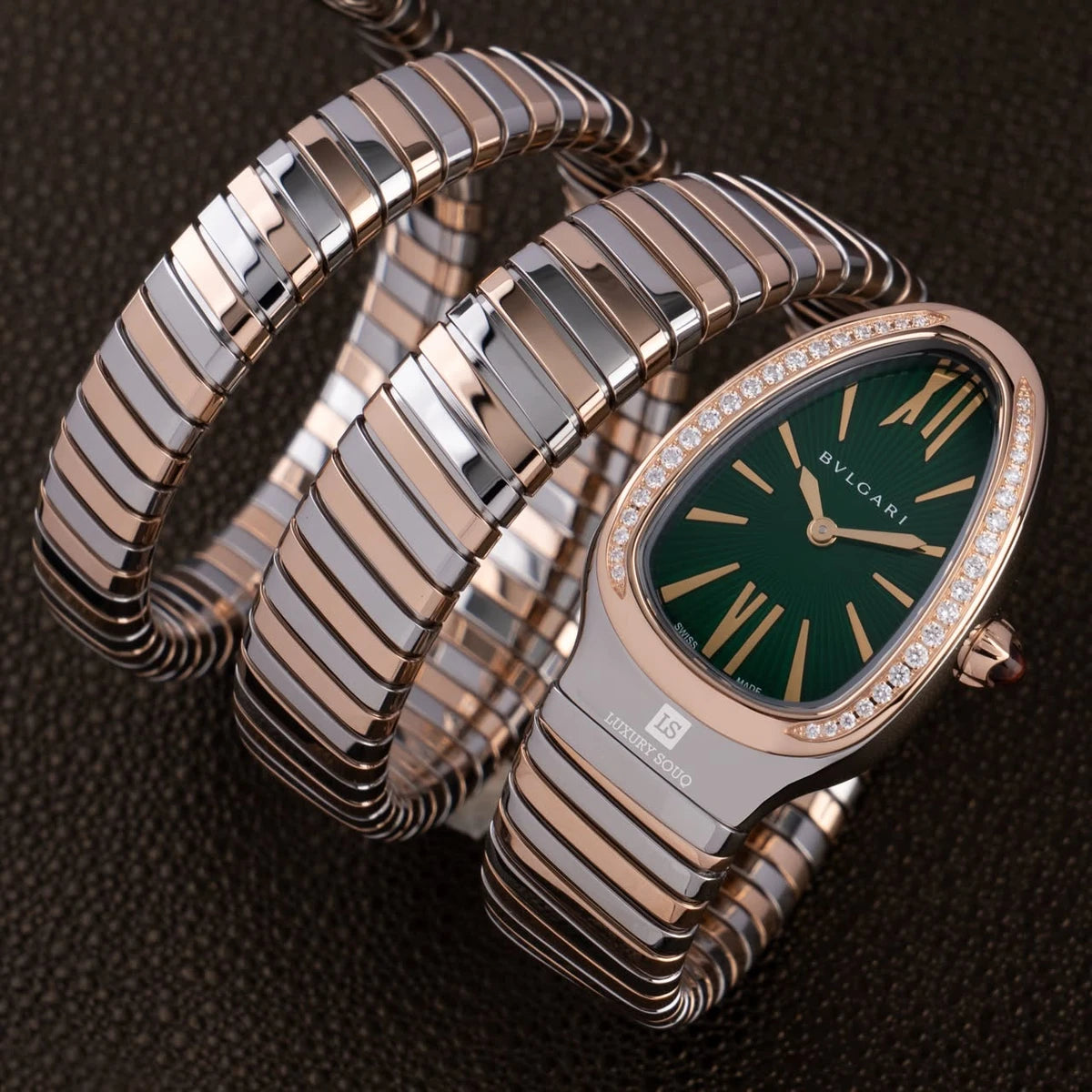 Bvlgari Serpenti Tubogas 102791 SP35C4SPGD.2T Green Dial 18Kt Rose Gold And Stainless Steel
