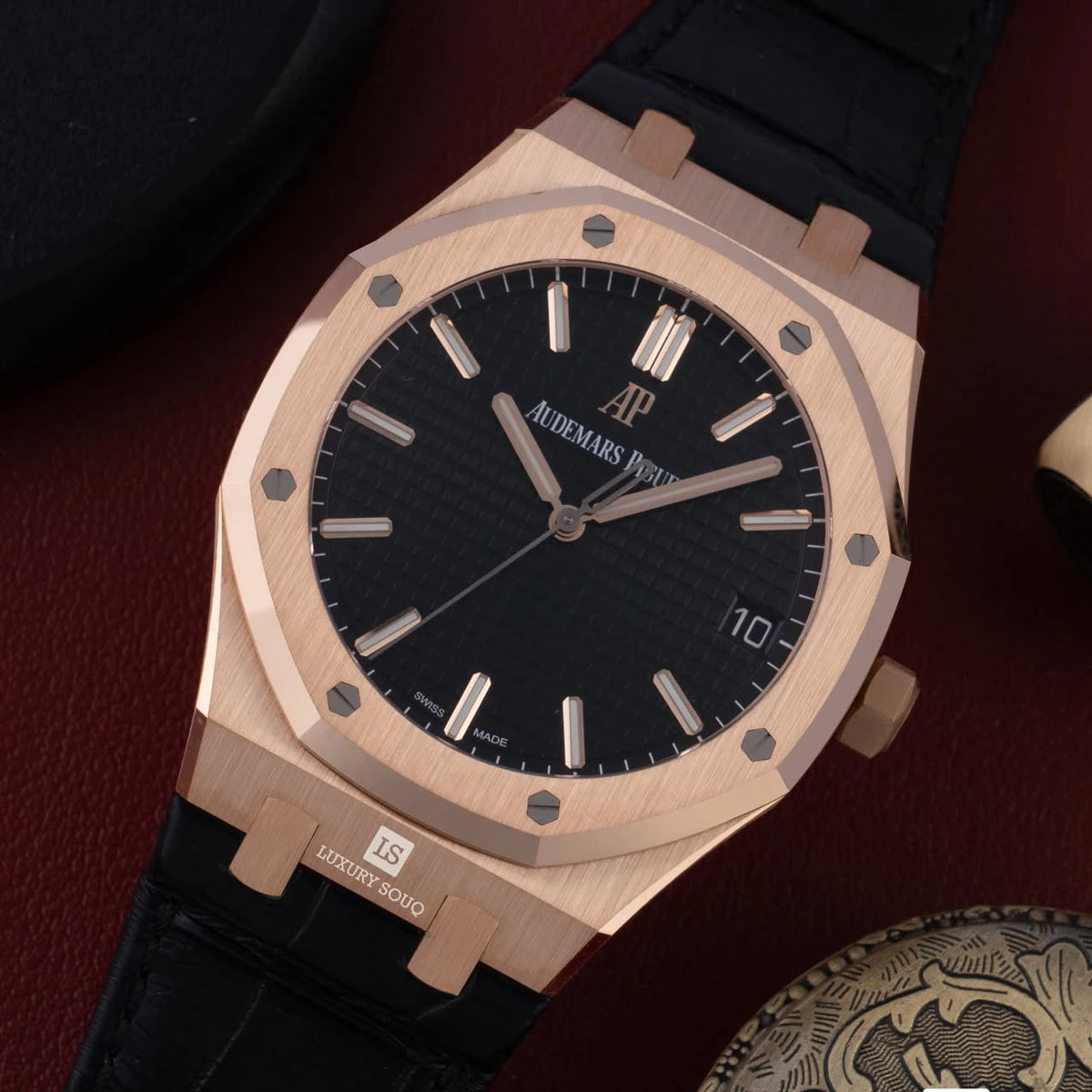 Audemars Piguet Royal Oak 15500Or.Oo.D002Cr.01 Black Dial 41Mm 18Kt Rose Gold Black Leather Strap Men's Watch
