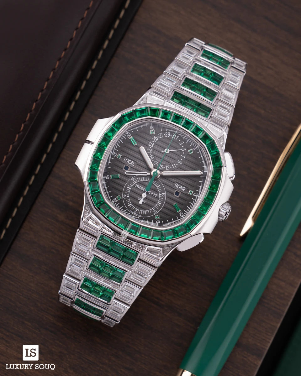 Patek Philippe Nautilus 5990/1423G-001 Travel Time Green Diamond Baguettes Black Dial Mens Watch – additional product photo 2