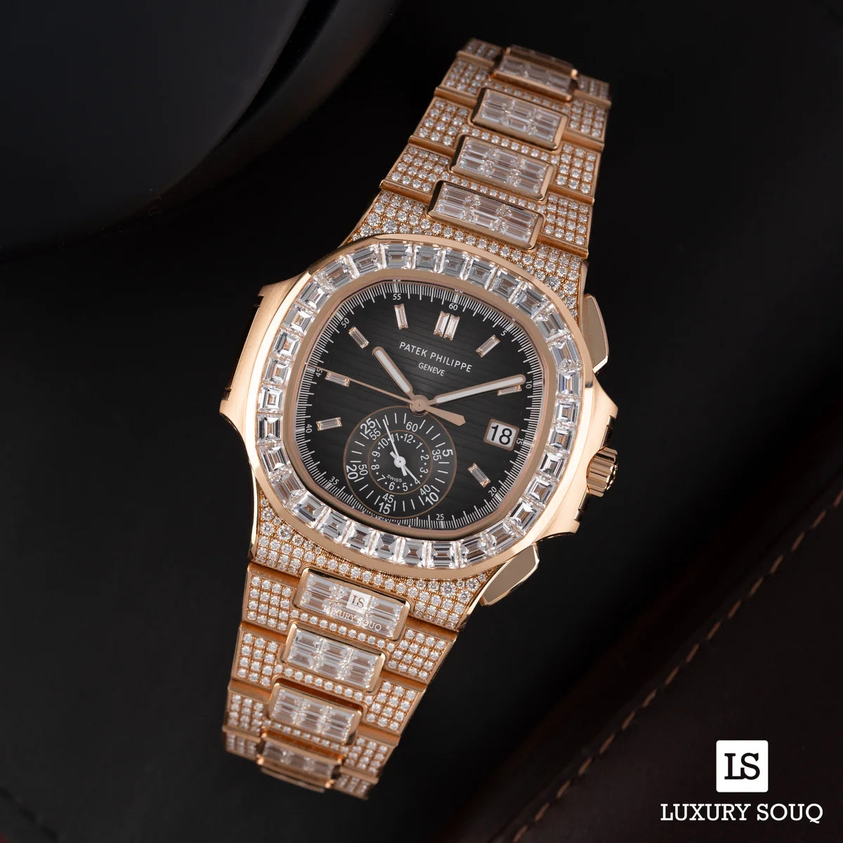 Patek Philippe Nautilus 5980/1400R-011 18K Rose Gold Full Diamond Chronograph Date Baguette 40mm Black Dial Mens Watch – additional product photo 3