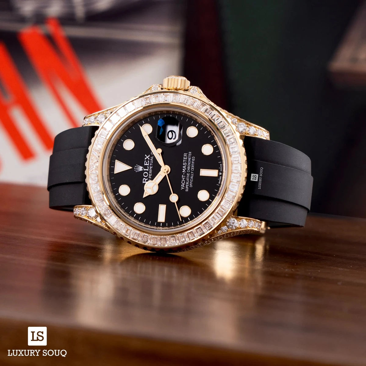 Rolex Yacht Master M226668TBR Yellow Gold Baguette Diamonds Bezel 42mm Black Dial Men's Watch