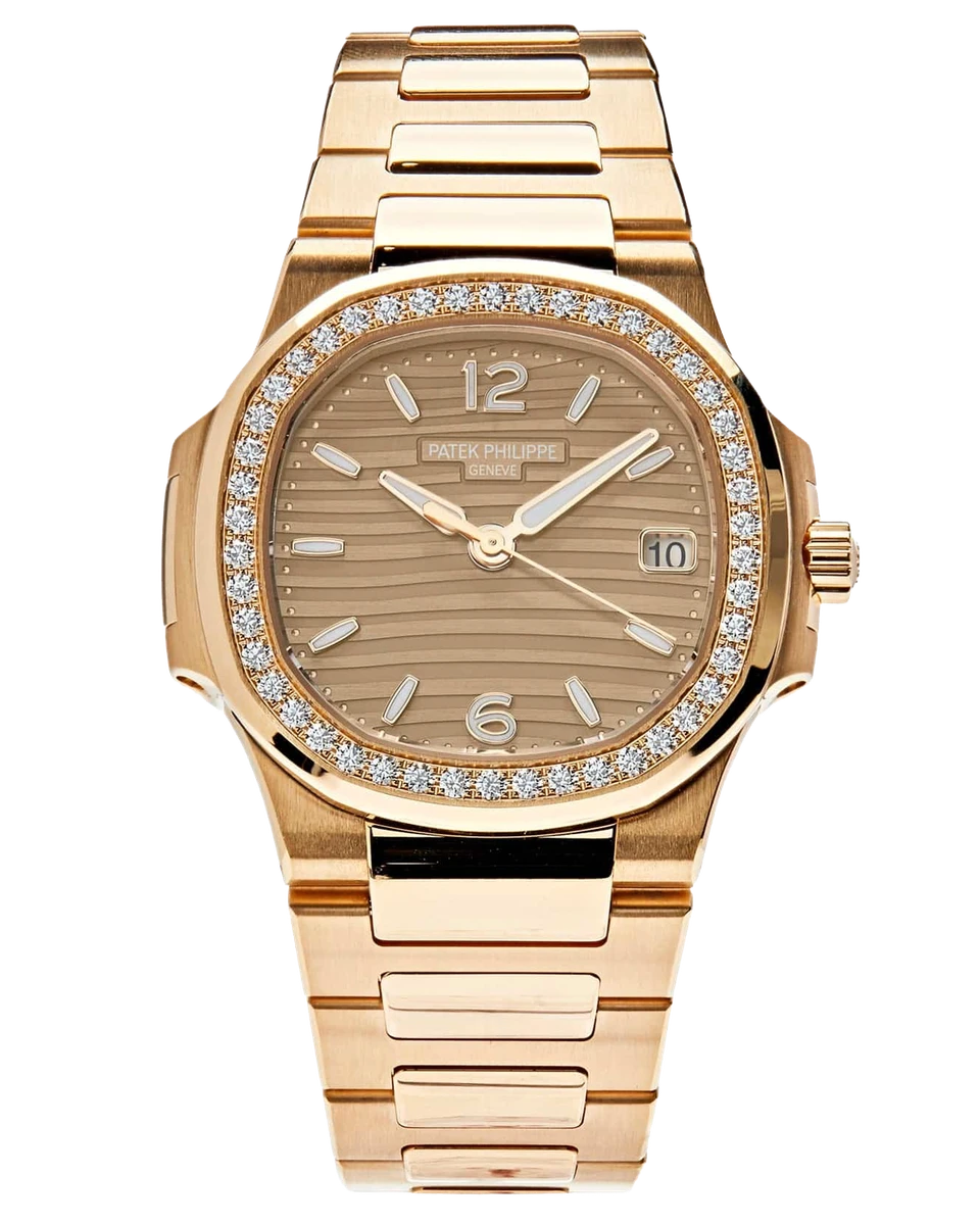 Patek Philippe Nautilus 7010/1R-012 Golden Dial Diamond-Set Bezel 32Mm 18K Rose Gold Ladies Watch
