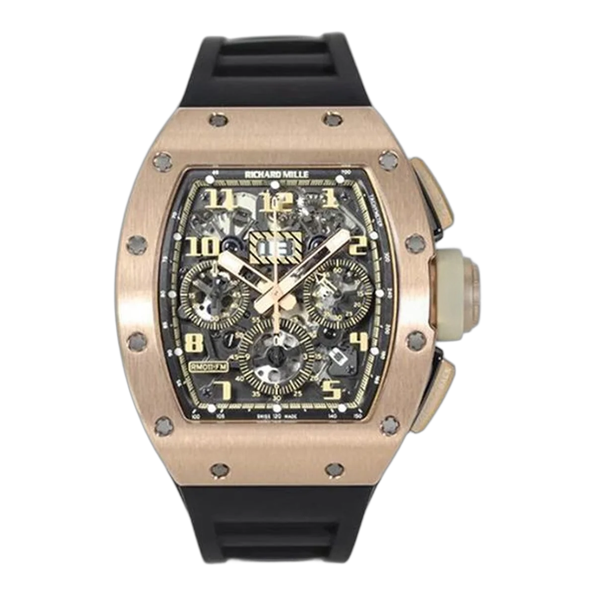 Richard Mille Rm 011 Ao Rg Ivory Felipe Massa Annual Calendar Flyback Chronograph 50Mm 18K Rose Gold Black Rubber Straps Men's Watch