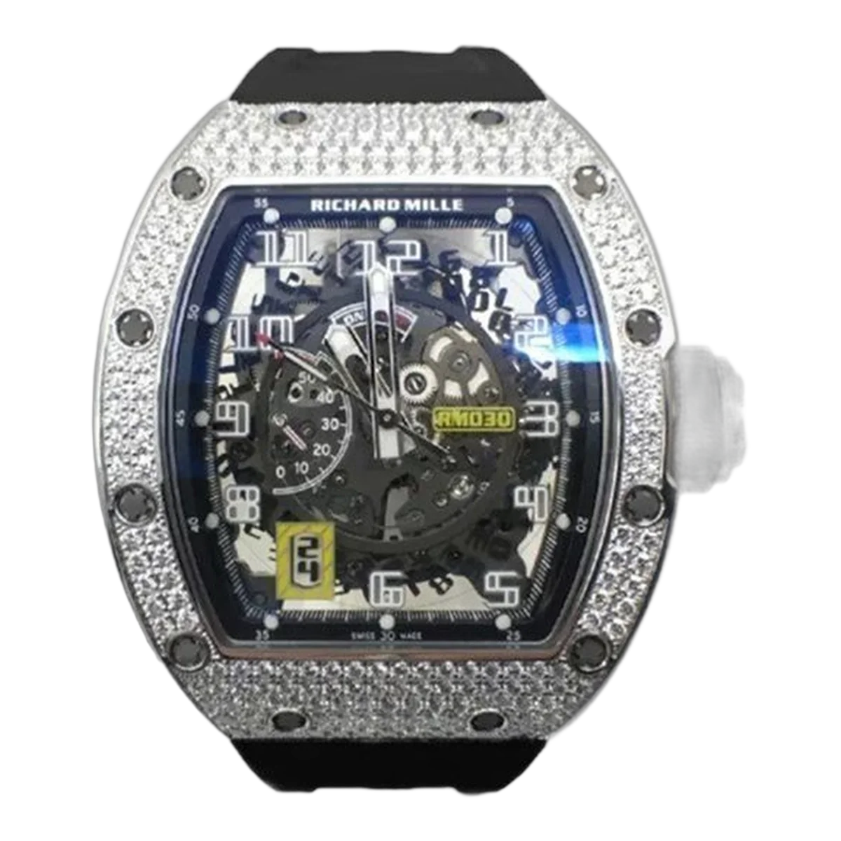 Richard Mille RM 030 WG Full Pave Diamond 42.7Mm X 50Mm 18K White Gold Black Rubber Straps Men's Watch