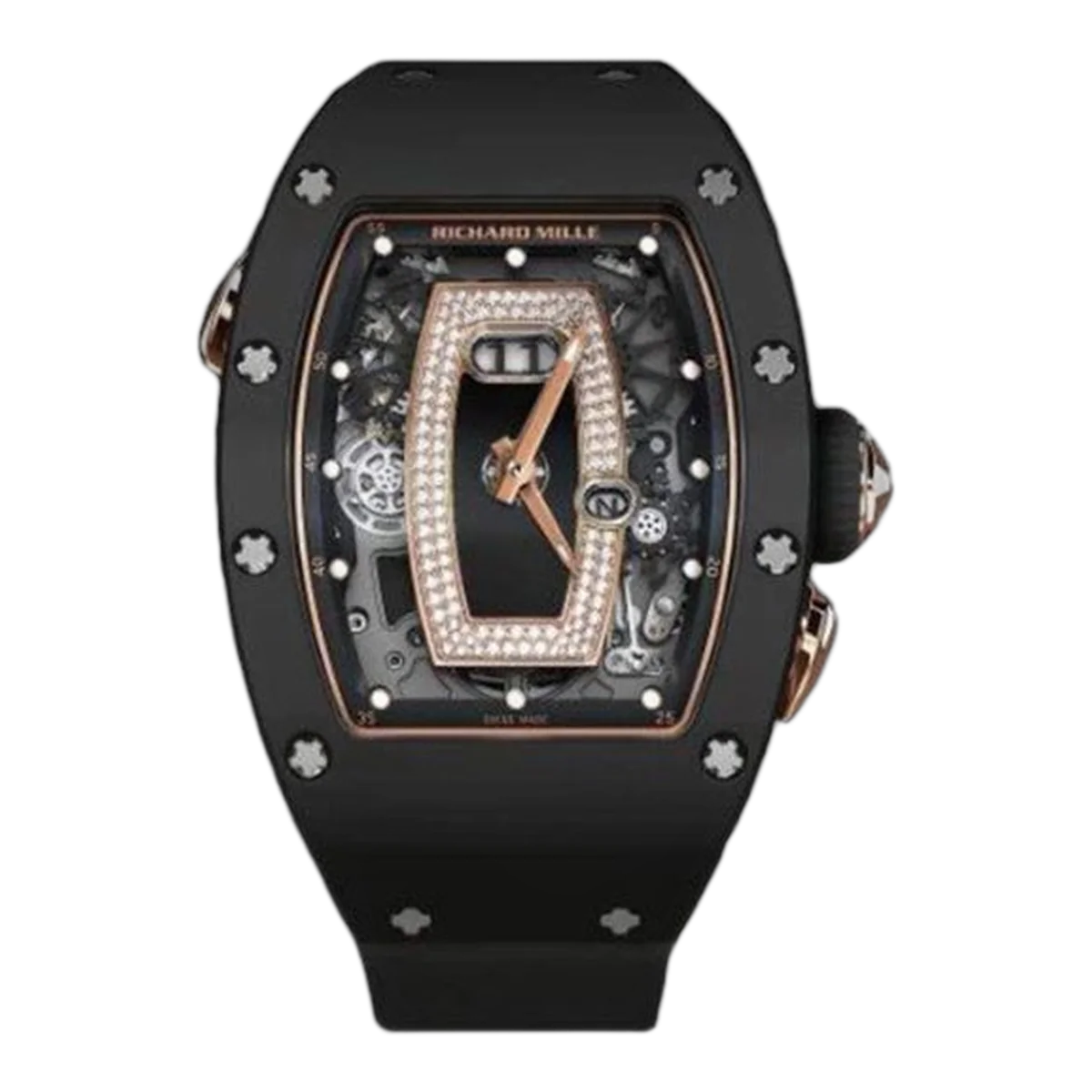 Richard Mille Rm 037 Rg Black Lip With Diamonds Black Ceramic Bezel 34.40Mm 18K Rose Gold Case Black Rubber Straps Ladies Watch