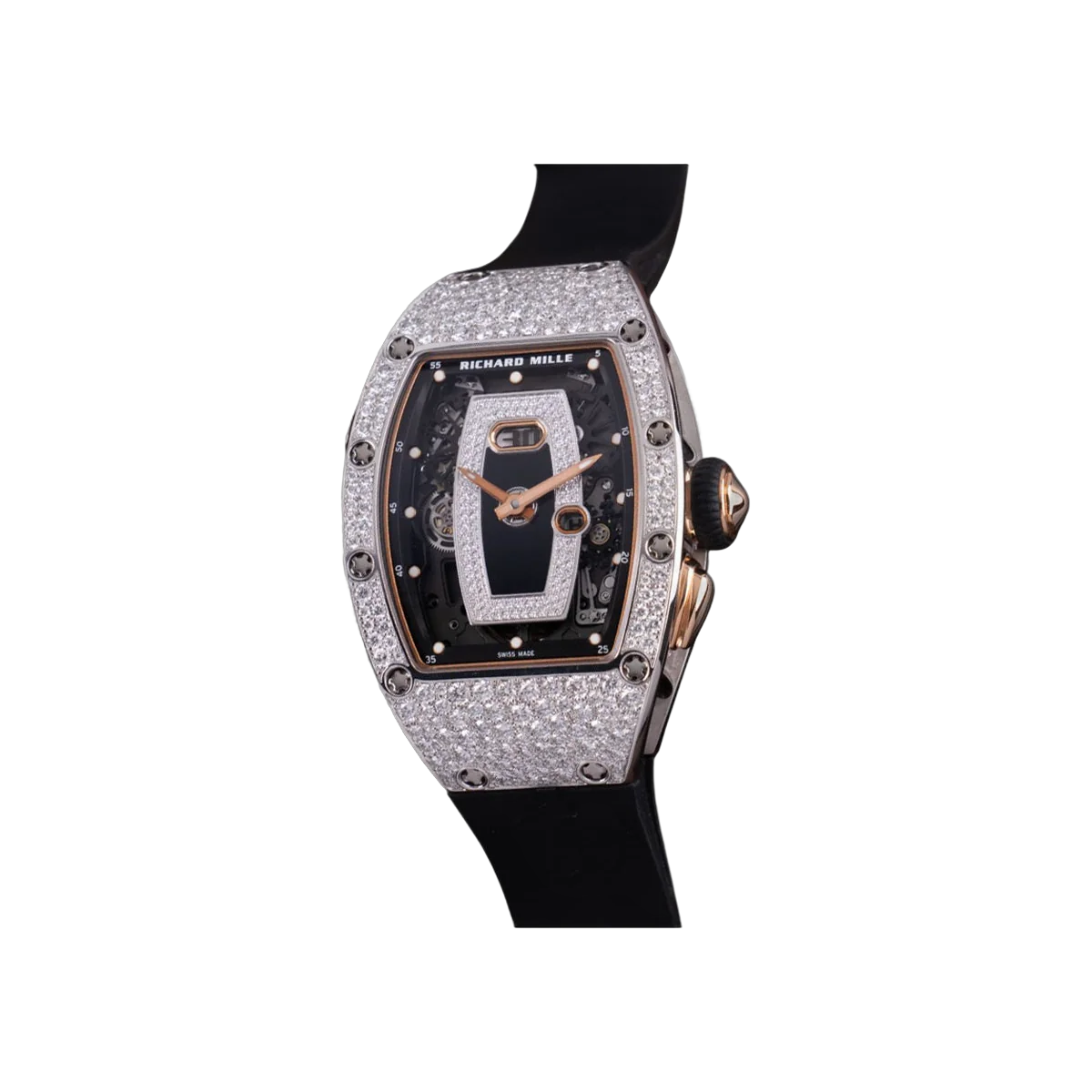 Richard Mille RM 037 WG Onyx And Diamond Dial 34.40mm 18K White Gold Black Rubber Straps Ladies Watch