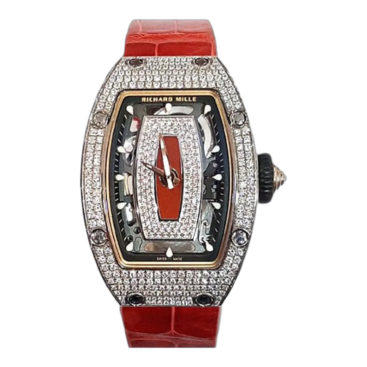 Richard Mille Rm 07-01 Skeleton White Gold Full Set Jasper Diamond Bezel 45.66Mm X 31.4Mm Red Leather Strap Ladies Watch