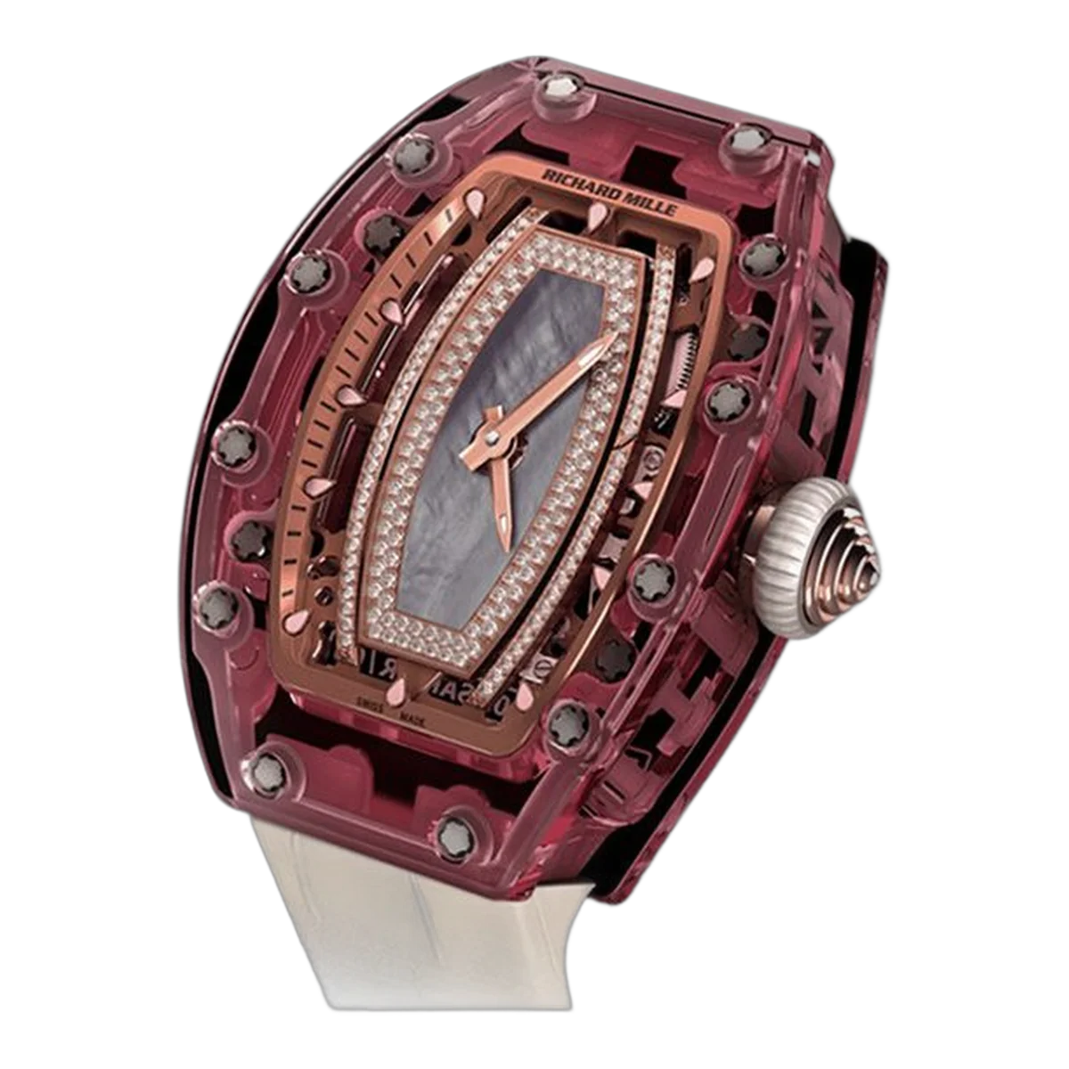 Richard Mille Rm 07-02 Pink Lady Sapphire Smokey Mother Of Pearl With Diamond-Set Dial Red Gold White Rubber Straps Ladies Watch