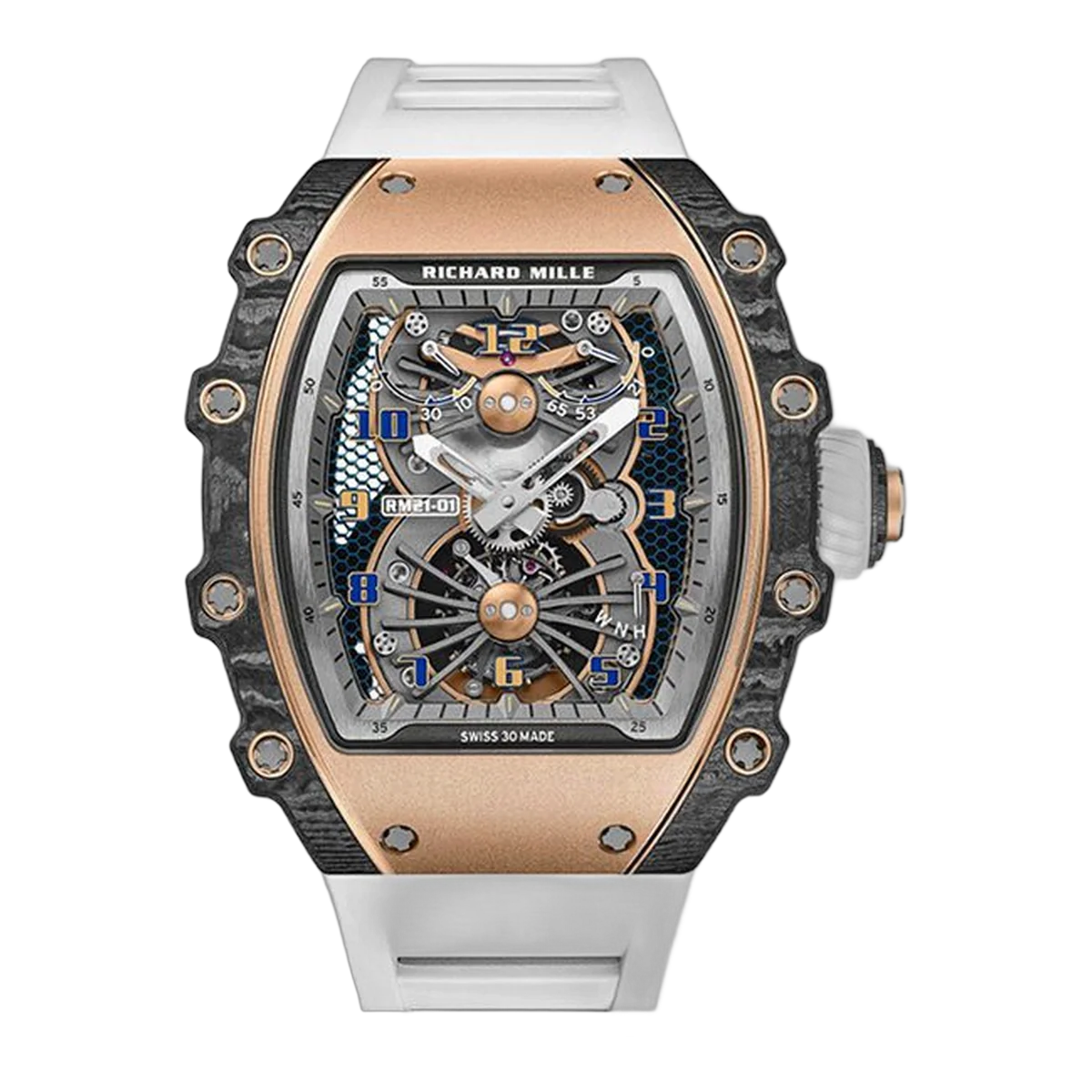 Richard Mille Rm 21-01 Tourbillon Aerodyne Rose Gold & Carbon Dial 42.68Mm X 50.12Mm White Rubber Straps Men's Watch