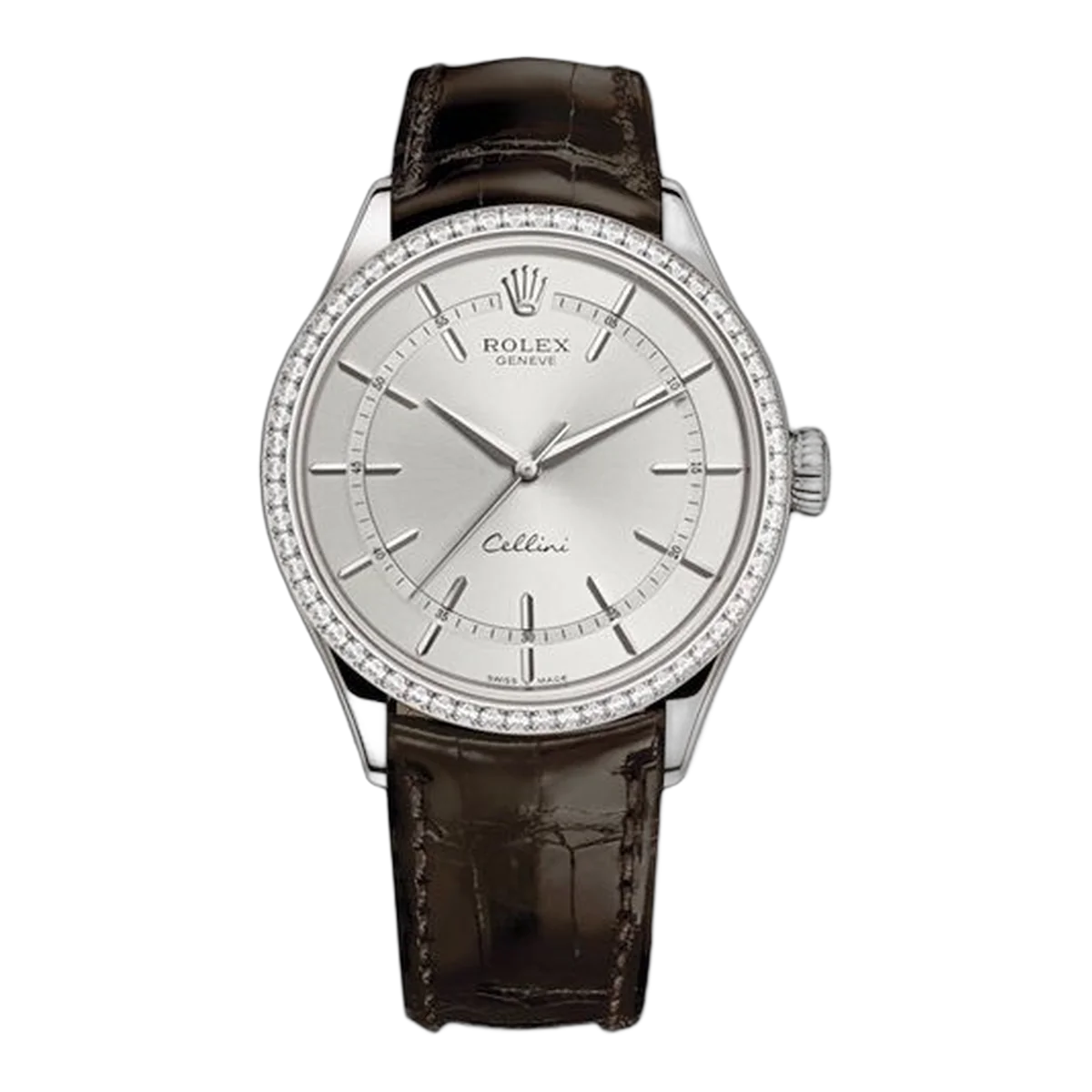 Rolex Cellini 50709Rbr 39Mm Rhodium Index Dial 18 White Gold Black Leather Strap Men's Watch
