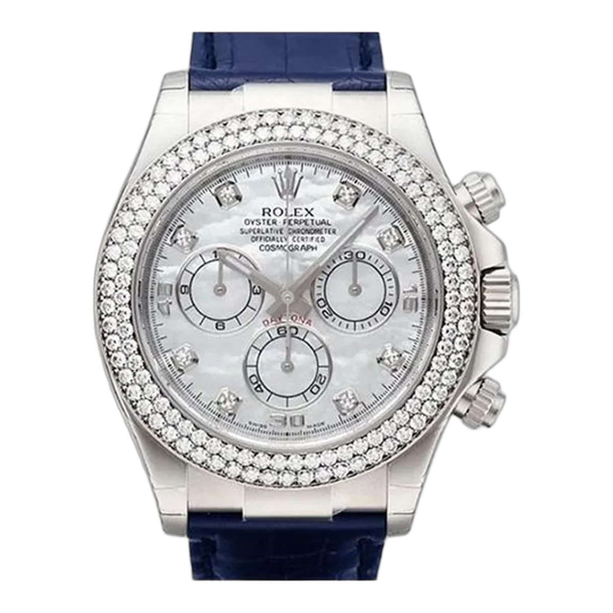 Rolex Cosmograph Daytona 116589 Mother Of Pearl Diamond Dial 40Mm White Gold Blue Straps Men's Watch