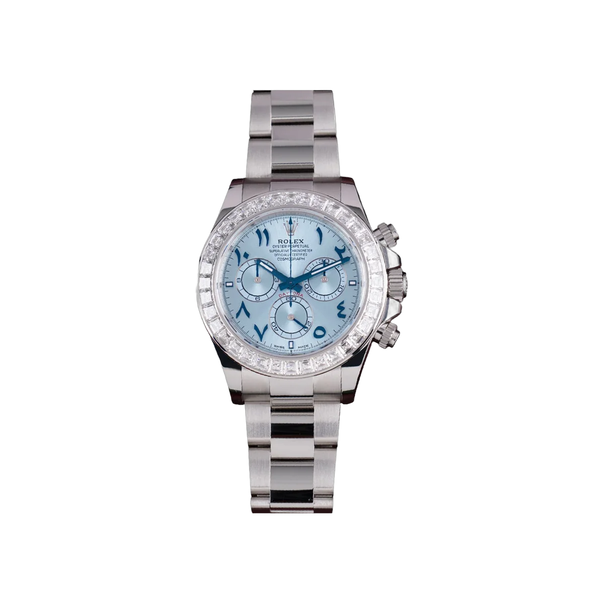 Rolex Cosmograph Daytona 126576TBR Platinum Baguette Bezel 40mm Blue Arabic Dial Men's Watch