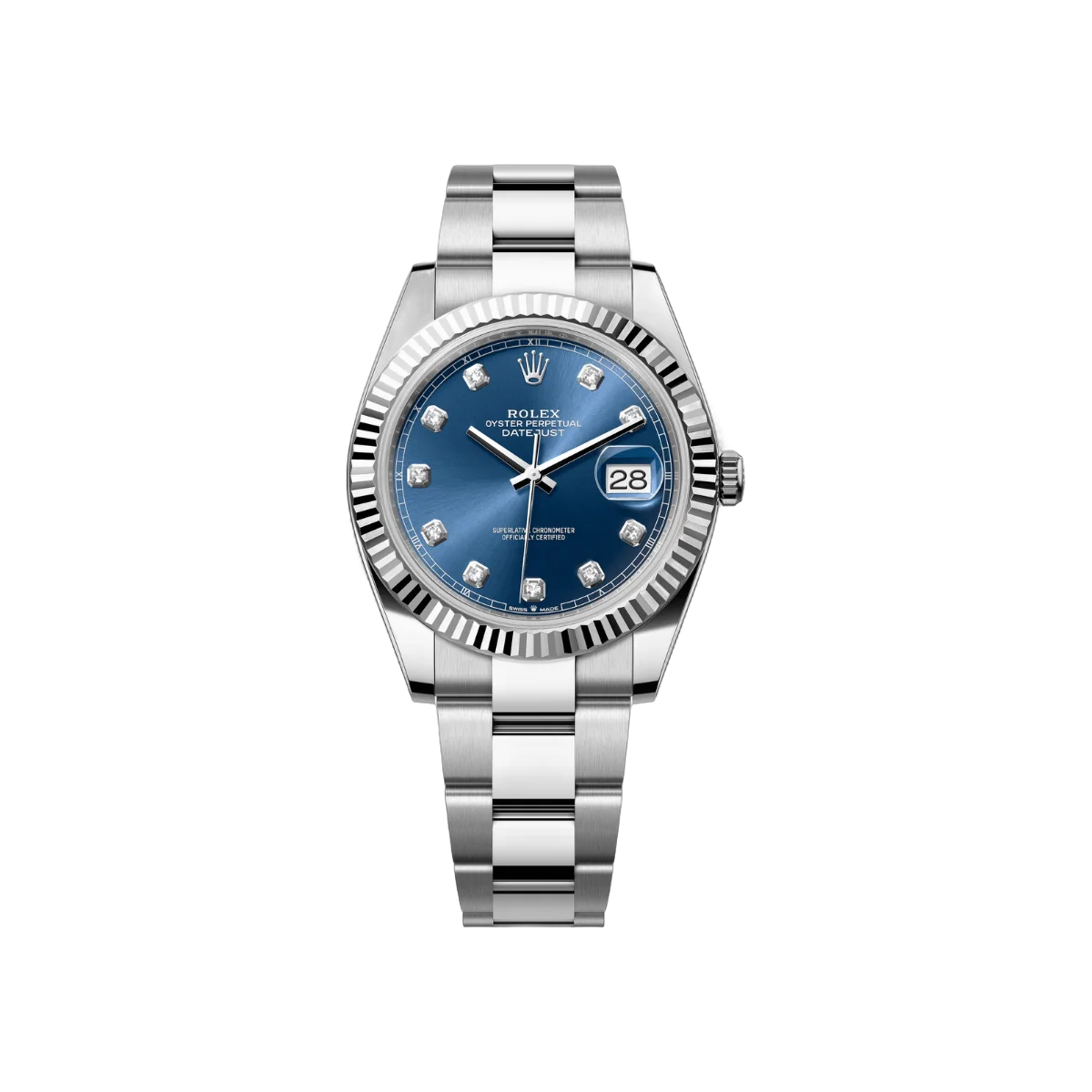 Rolex Datejust 126334-0015 Oystersteel White Gold Bezel Fluted Bezel 41mm Blue Diamond Dial Mens Watch