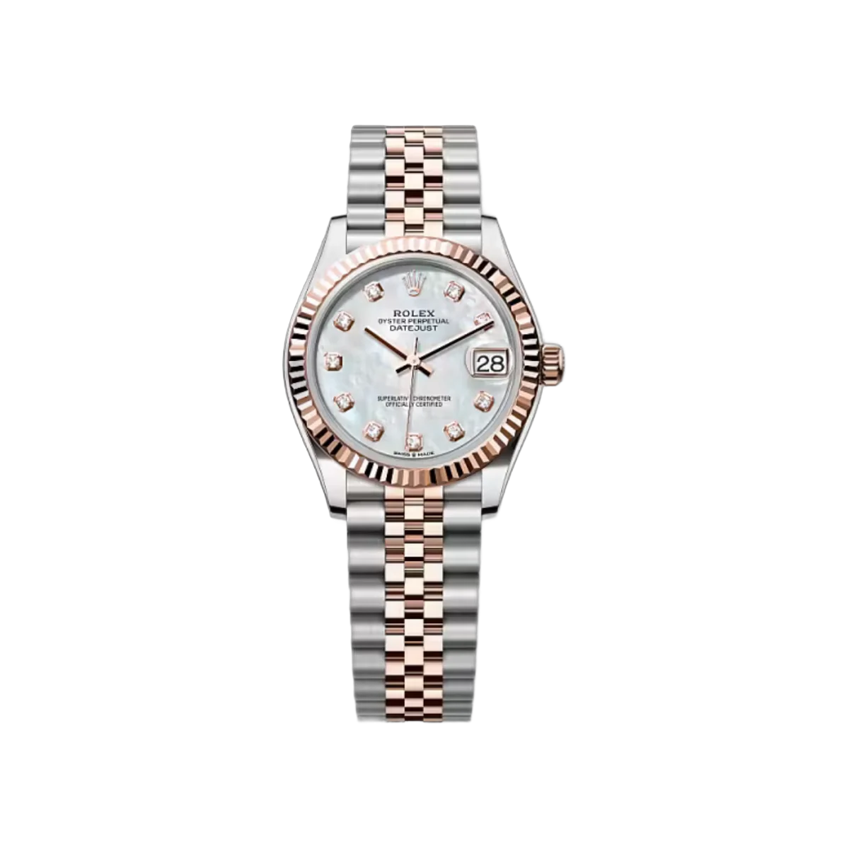 Rolex Datejust 278271-0026 Mother Of Pearl Diamond Dial Rose Gold Fluted Bezel 31Mm Stainless Steel And 18K Rose Gold Jubilee Bezel Ladies Watch